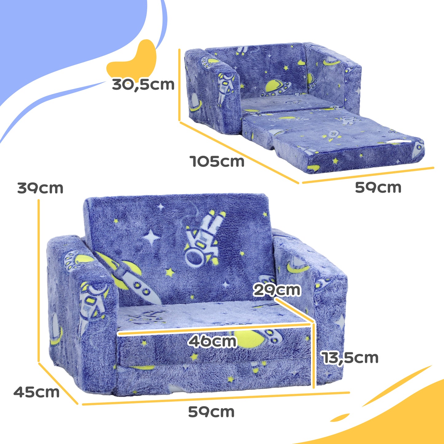 AIYAPLAY Sillón Infantil Plegable Sofá Infantil Reclinable 2 en 1 Sofá para Bebés Tapizado de Tela Luminosa Cojín y Funda Lavables para Dormitorio Salón Azul