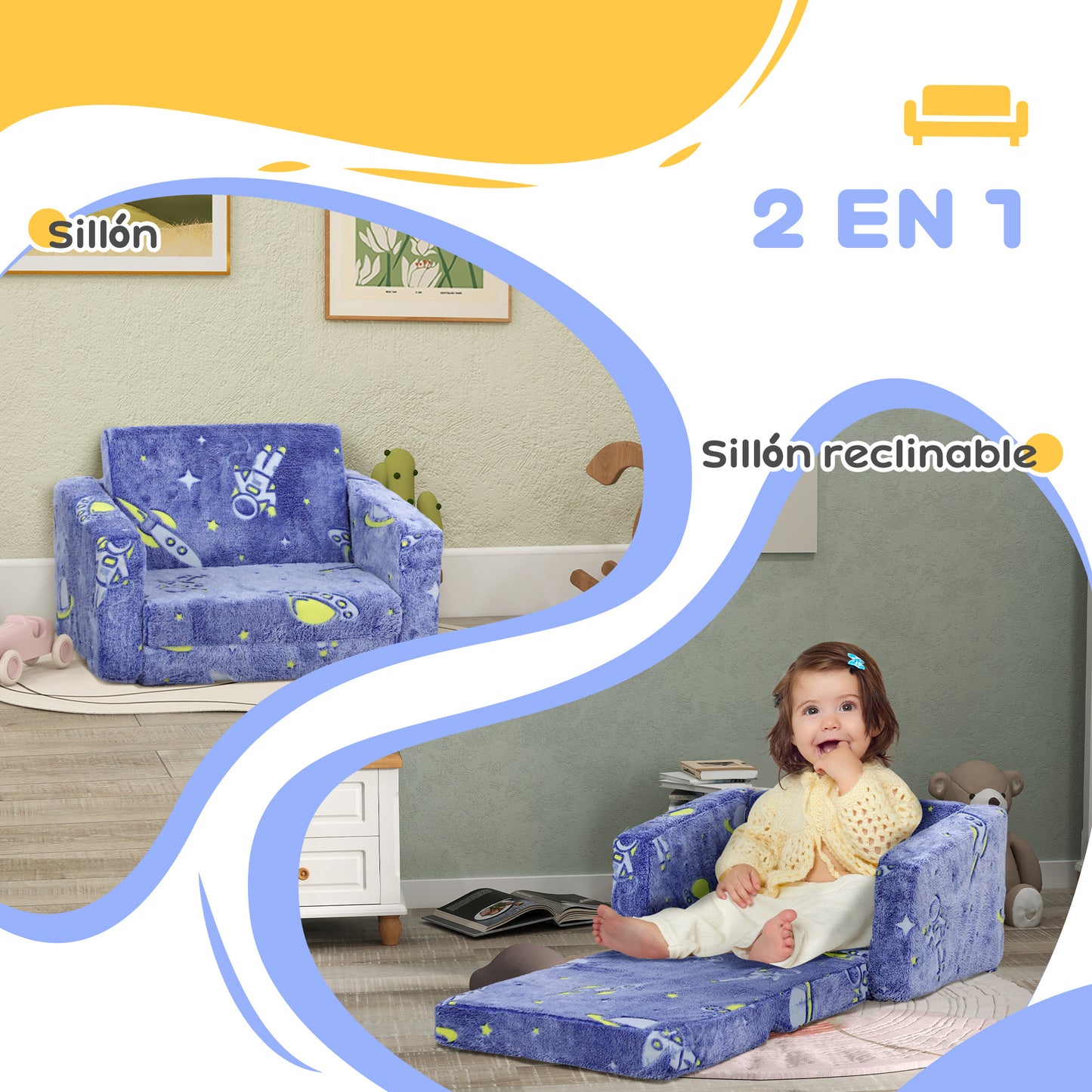 AIYAPLAY Sillón Infantil Plegable Sofá Infantil Reclinable 2 en 1 Sofá para Bebés Tapizado de Tela Luminosa Cojín y Funda Lavables para Dormitorio Salón Azul