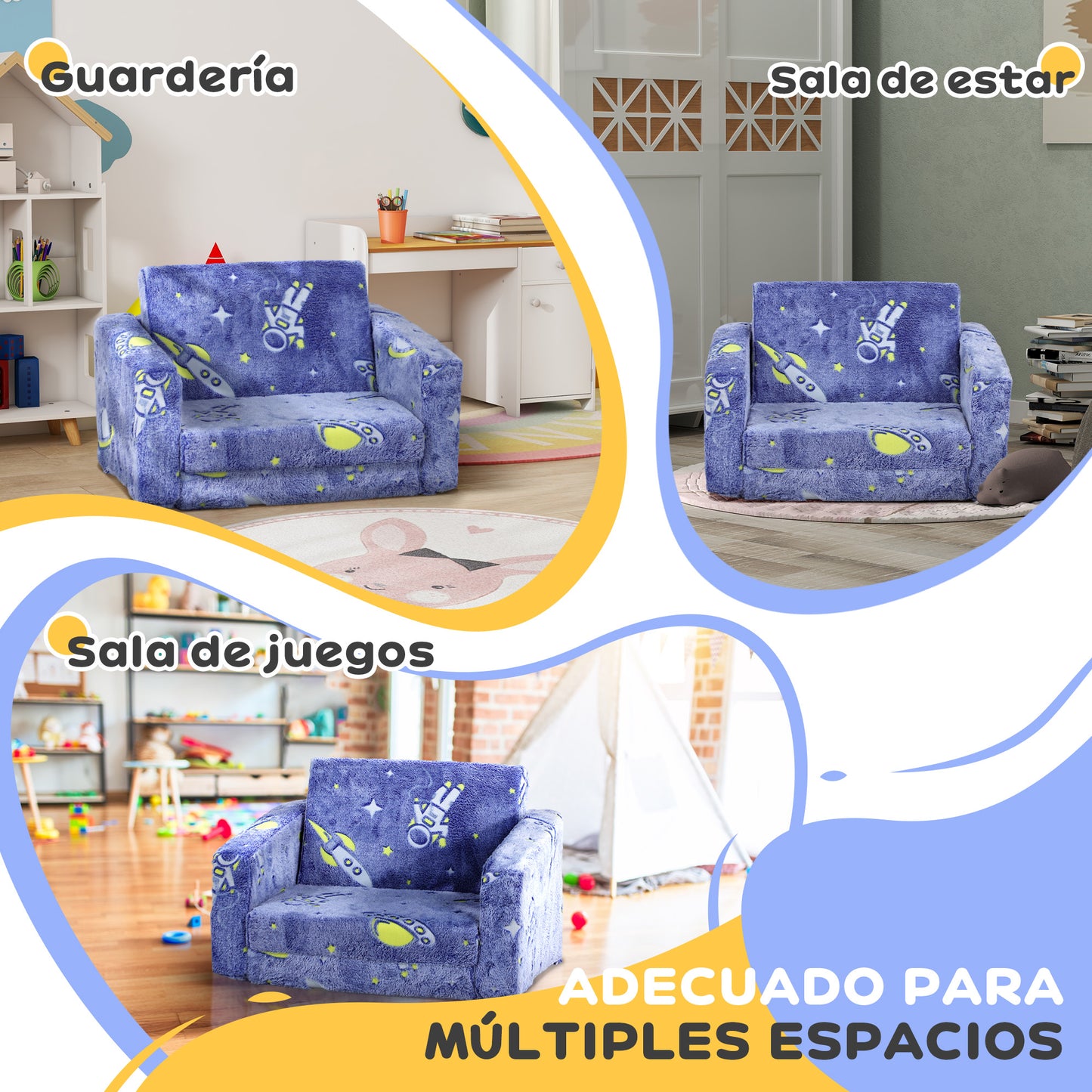 AIYAPLAY Sillón Infantil Plegable Sofá Infantil Reclinable 2 en 1 Sofá para Bebés Tapizado de Tela Luminosa Cojín y Funda Lavables para Dormitorio Salón Azul