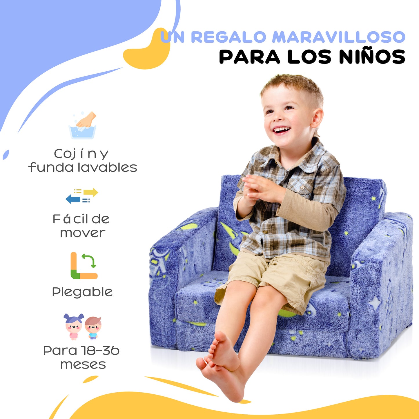 AIYAPLAY Sillón Infantil Plegable Sofá Infantil Reclinable 2 en 1 Sofá para Bebés Tapizado de Tela Luminosa Cojín y Funda Lavables para Dormitorio Salón Azul