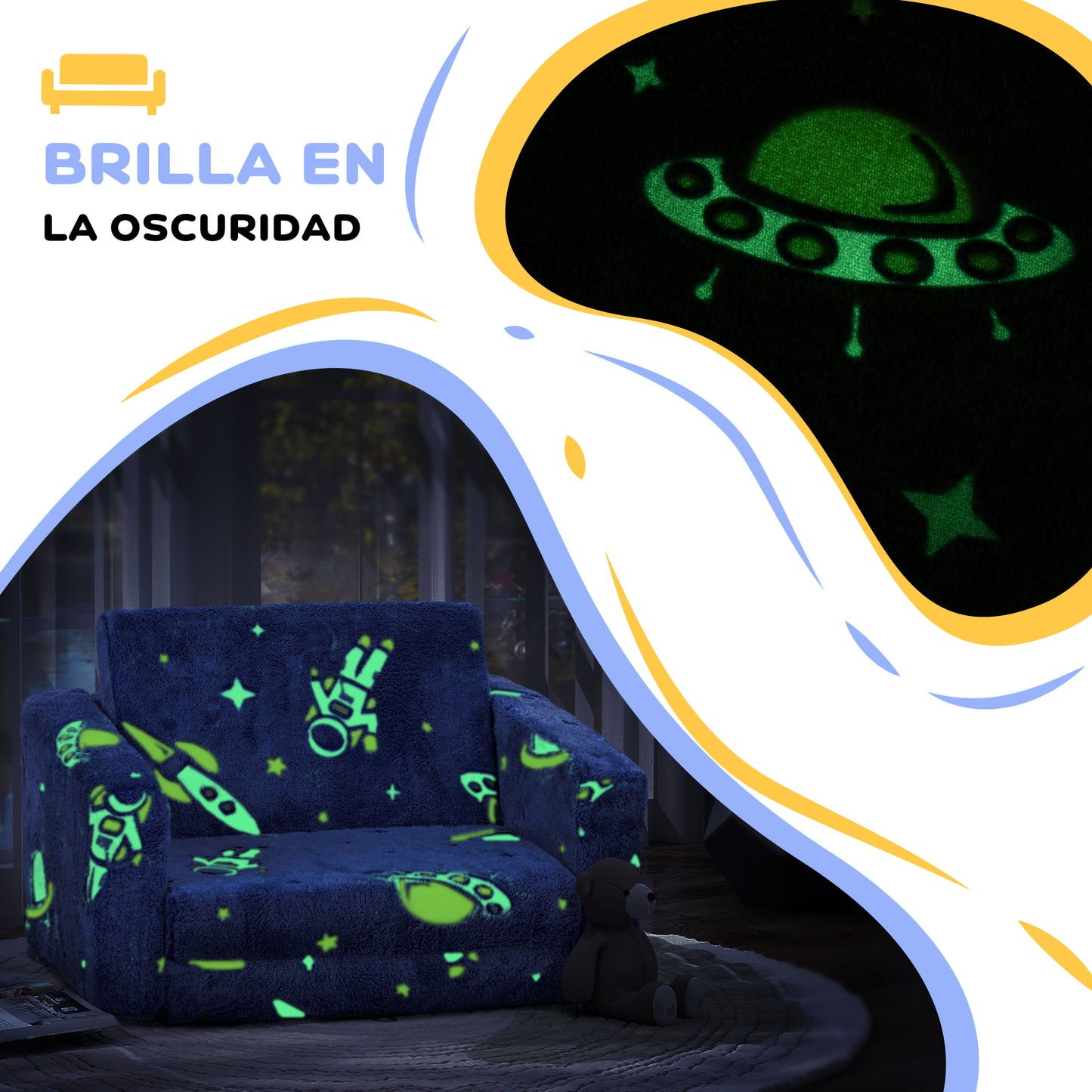 AIYAPLAY Sillón Infantil Plegable Sofá Infantil Reclinable 2 en 1 Sofá para Bebés Tapizado de Tela Luminosa Cojín y Funda Lavables para Dormitorio Salón Azul