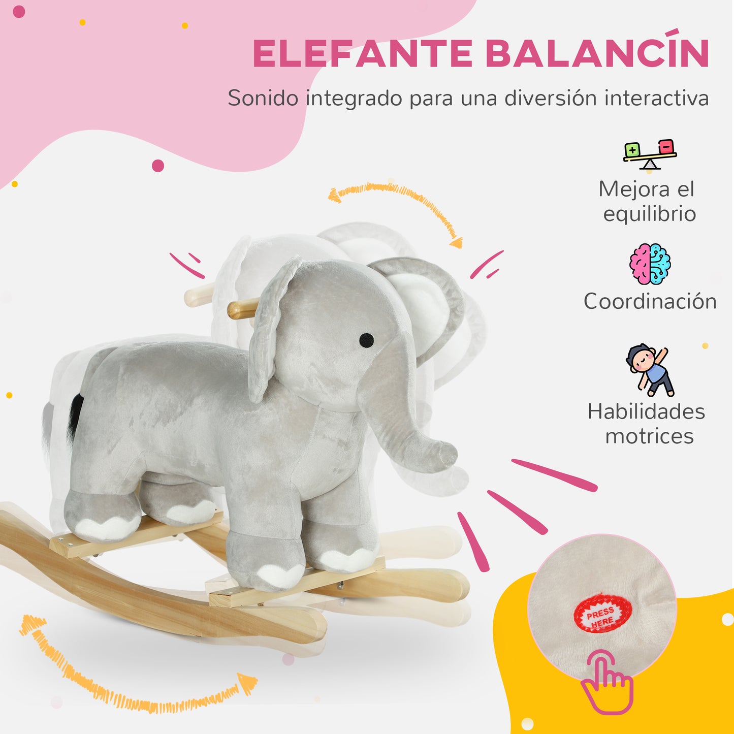 AIYAPLAY Caballo Balancín para Niños de 2-4 Años Caballo de Juguete en Forma de Elefante con Sonido Asas y Base de Madera Carga 40 kg 64,5x31x52 cm Gris