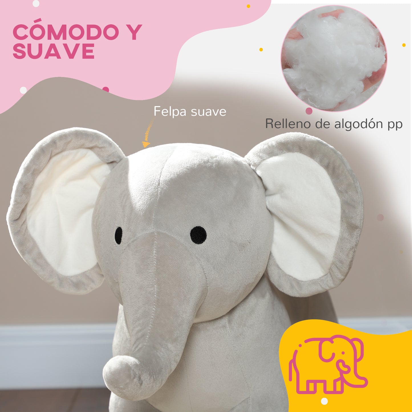 AIYAPLAY Caballo Balancín para Niños de 2-4 Años Caballo de Juguete en Forma de Elefante con Sonido Asas y Base de Madera Carga 40 kg 64,5x31x52 cm Gris