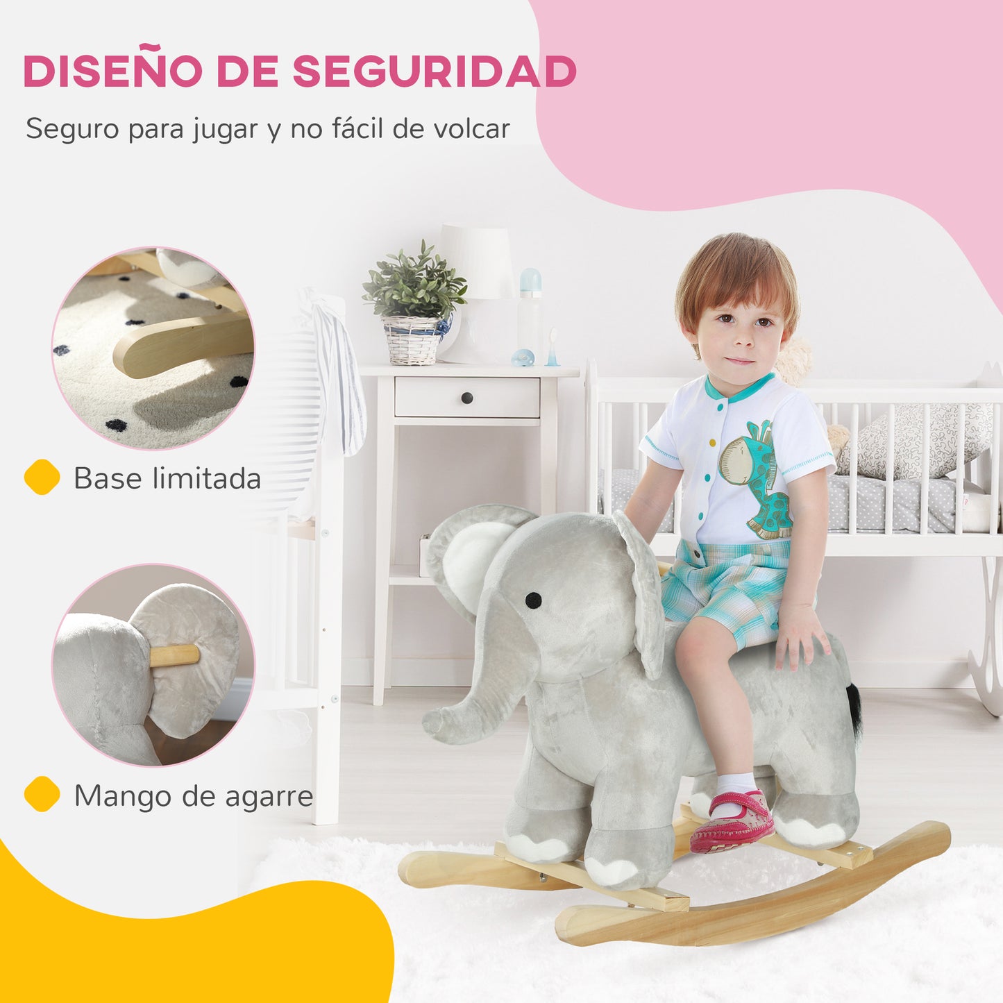 AIYAPLAY Caballo Balancín para Niños de 2-4 Años Caballo de Juguete en Forma de Elefante con Sonido Asas y Base de Madera Carga 40 kg 64,5x31x52 cm Gris