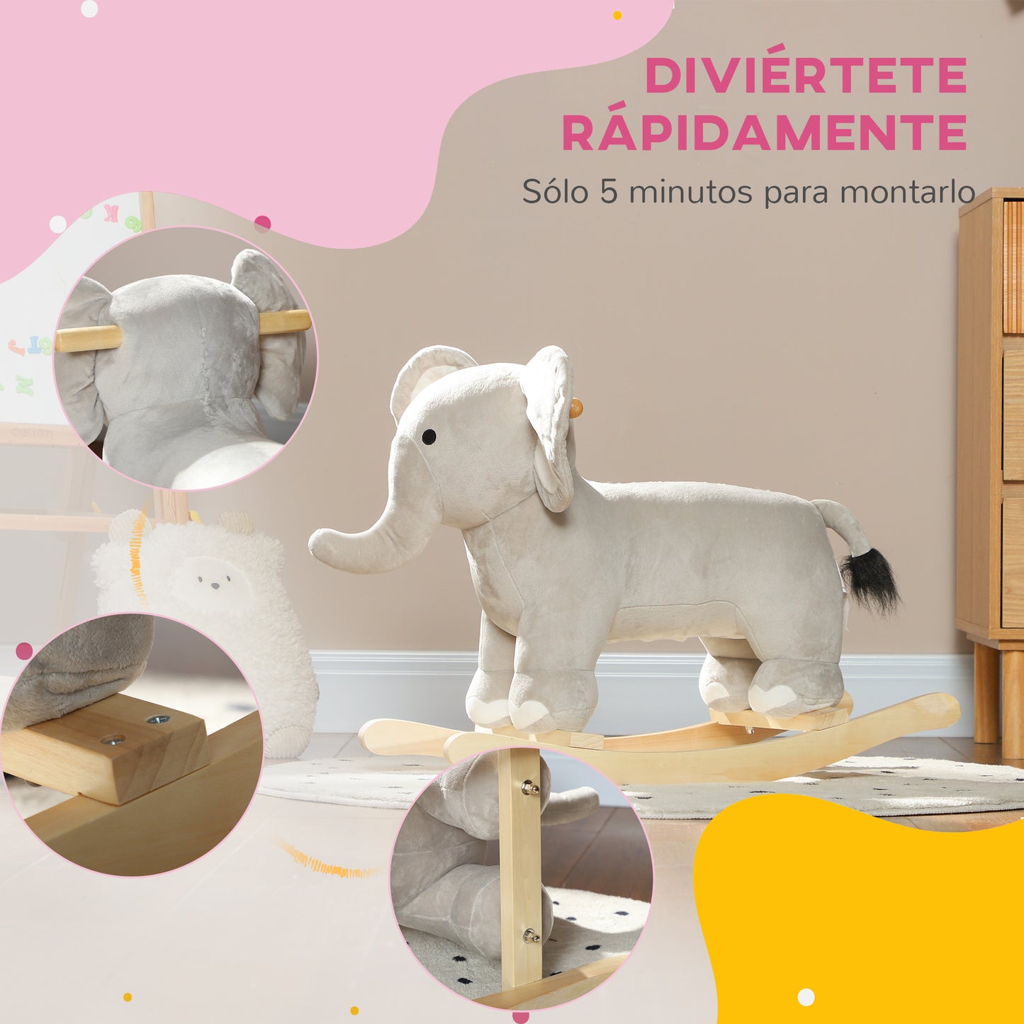 AIYAPLAY Caballo Balancín para Niños de 2-4 Años Caballo de Juguete en Forma de Elefante con Sonido Asas y Base de Madera Carga 40 kg 64,5x31x52 cm Gris