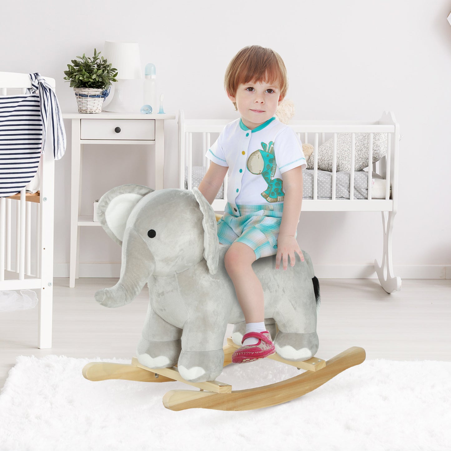 AIYAPLAY Caballo Balancín para Niños de 2-4 Años Caballo de Juguete en Forma de Elefante con Sonido Asas y Base de Madera Carga 40 kg 64,5x31x52 cm Gris