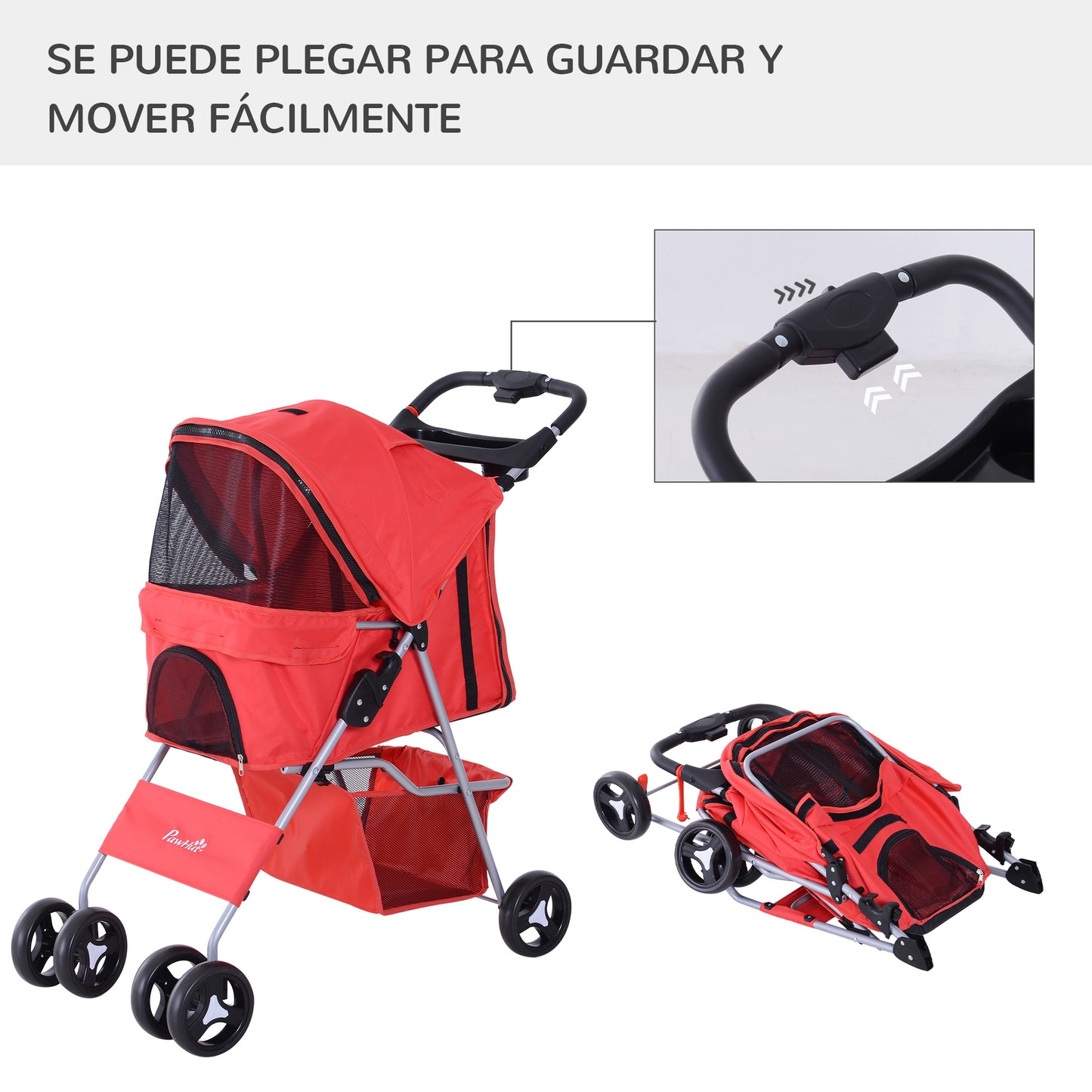 PawHut Carrito para Perros Plegable Cochecito para Mascotas Carrito para Perros Pequeños con Toldo Ajustable Cesta de Almacenaje 2 Ruedas Universales y Marco de Acero 75x46x94 cm Rojo