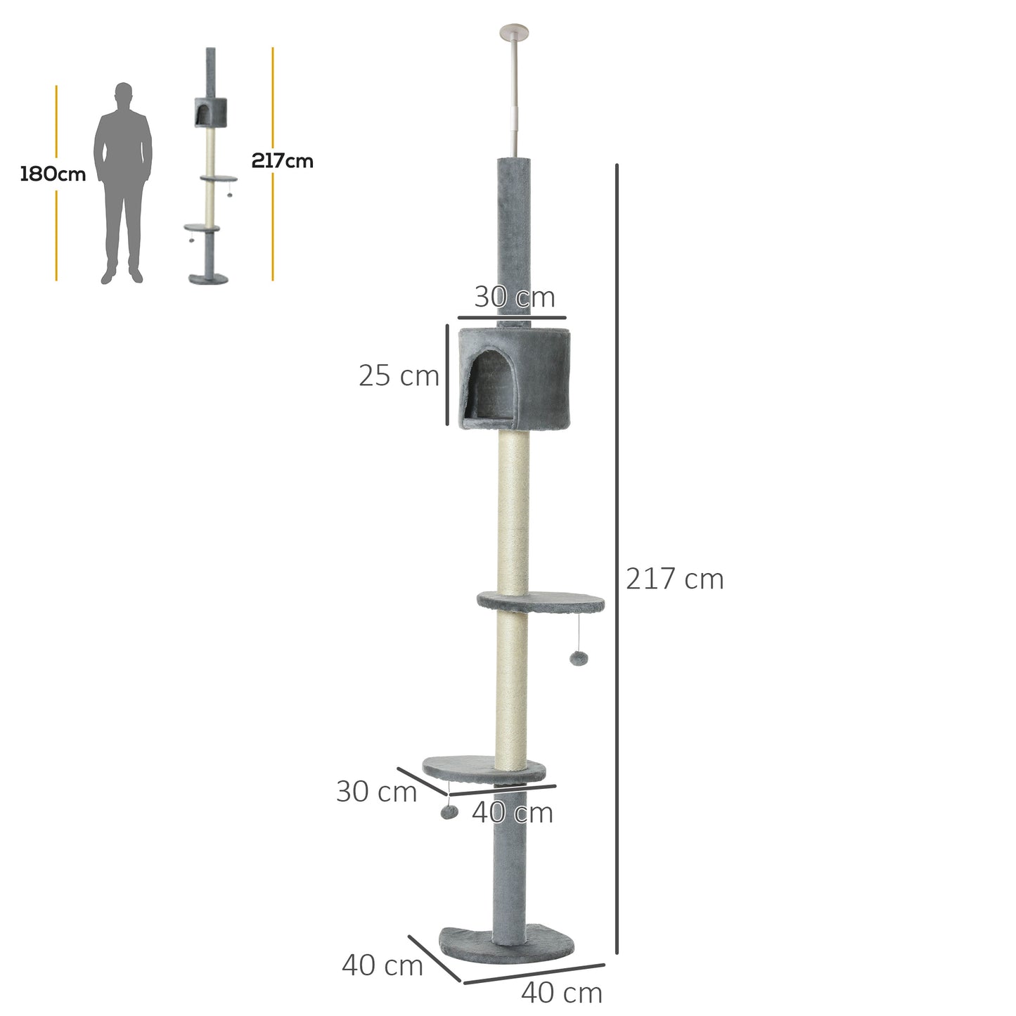 PawHut Árbol Rascador para Gatos Rascador para Fijar al Techo Altura 217 cm con Plataformas Cueva Postes de Sisal Bolas Colgantes Gris Claro