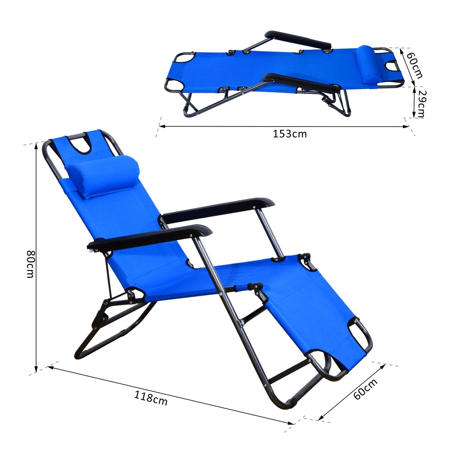 Outsunny Tumbona Reclinable y Plegable Tumbona de Jardín con Respaldo Ajustable en 2 Niveles Reposacabezas y Bolsillo Silla Tumbona para Terraza Carga 136 kg 118x60x80 cm Azul