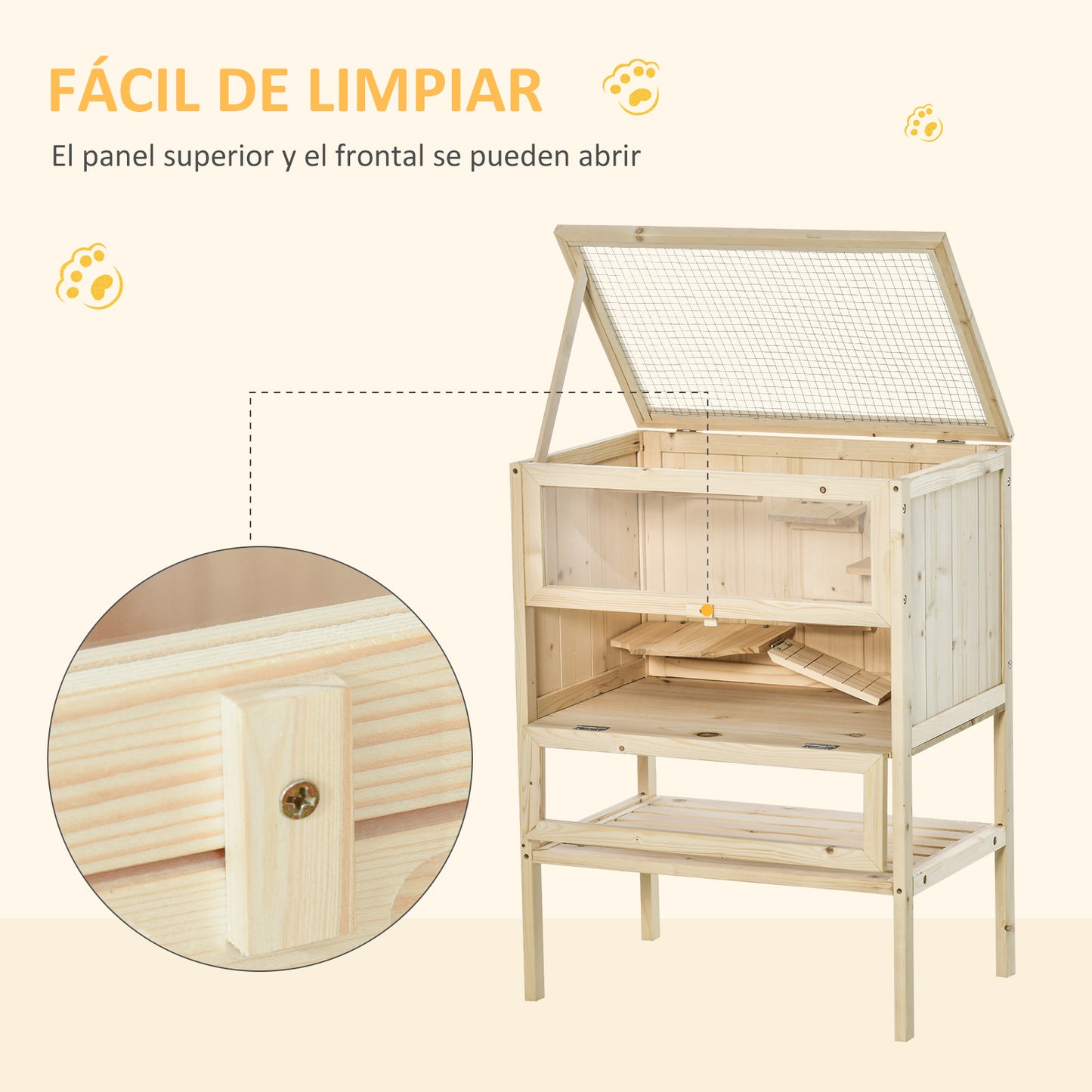 PawHut Jaula de Madera para Hámster Ratones Casa de Juegos con 5 Plataformas Rampa Techo Abatible Ventana Cristal Plástico y Estante Inferior 60x40x80 cm Natural