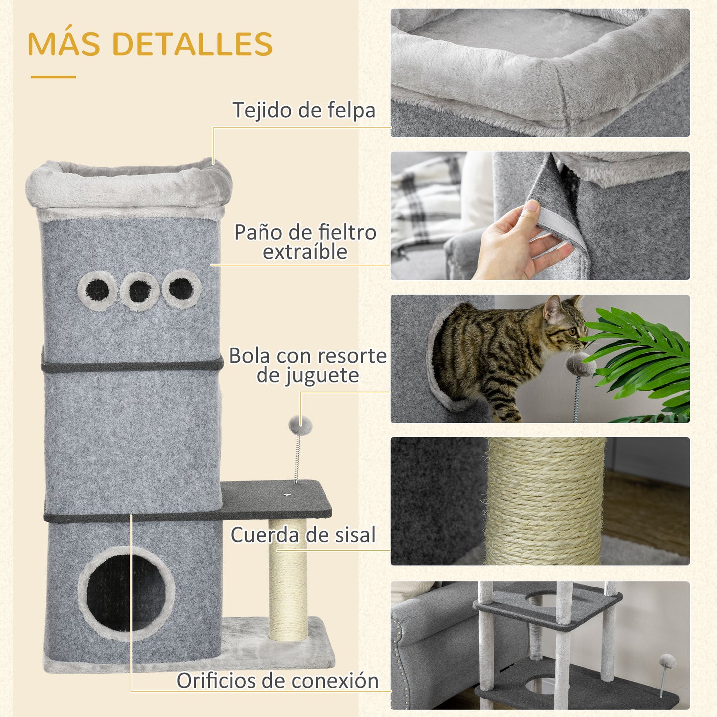 PawHut Barril Rascador para Gatos de 3 Niveles Altura 102 cm Torre para Gatos con Caseta de Fieltro Desmontable Poste de Sisal Cama y Bola de Juguete 60x40x102 cm Gris