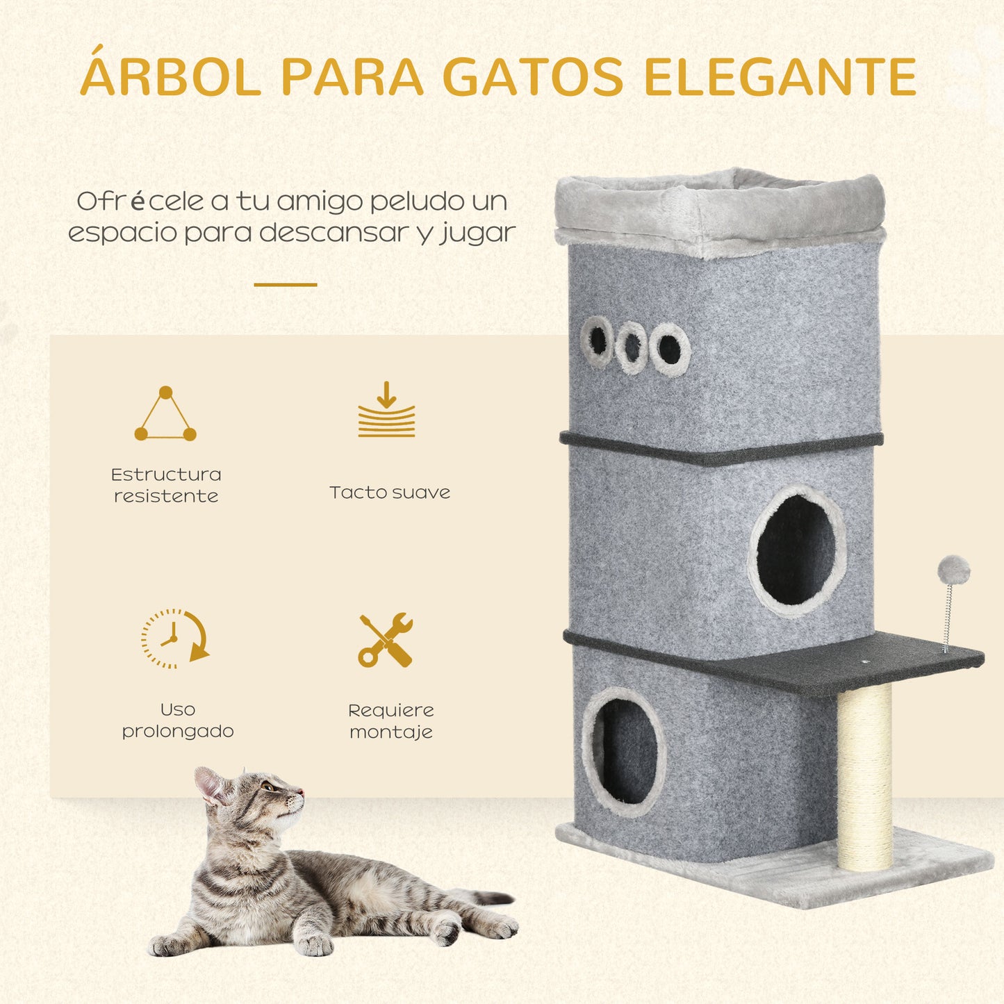 PawHut Barril Rascador para Gatos de 3 Niveles Altura 102 cm Torre para Gatos con Caseta de Fieltro Desmontable Poste de Sisal Cama y Bola de Juguete 60x40x102 cm Gris