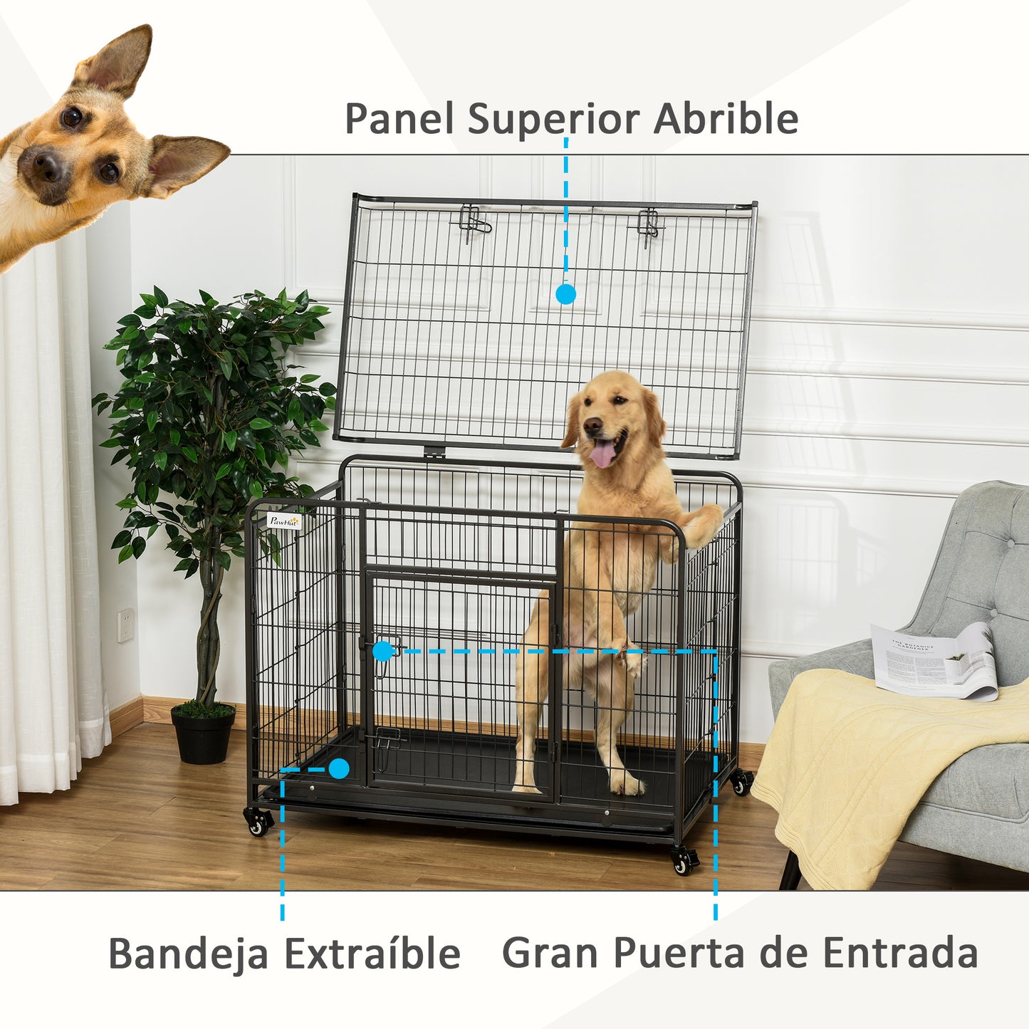 PawHut Jaula de Metal para Perros Plegable con Ruedas y Frenos Bandeja Extraíble y Puerta con Pestillos para Golden Retriver Labrador 109,5x71x78 cm Gris Oscuro