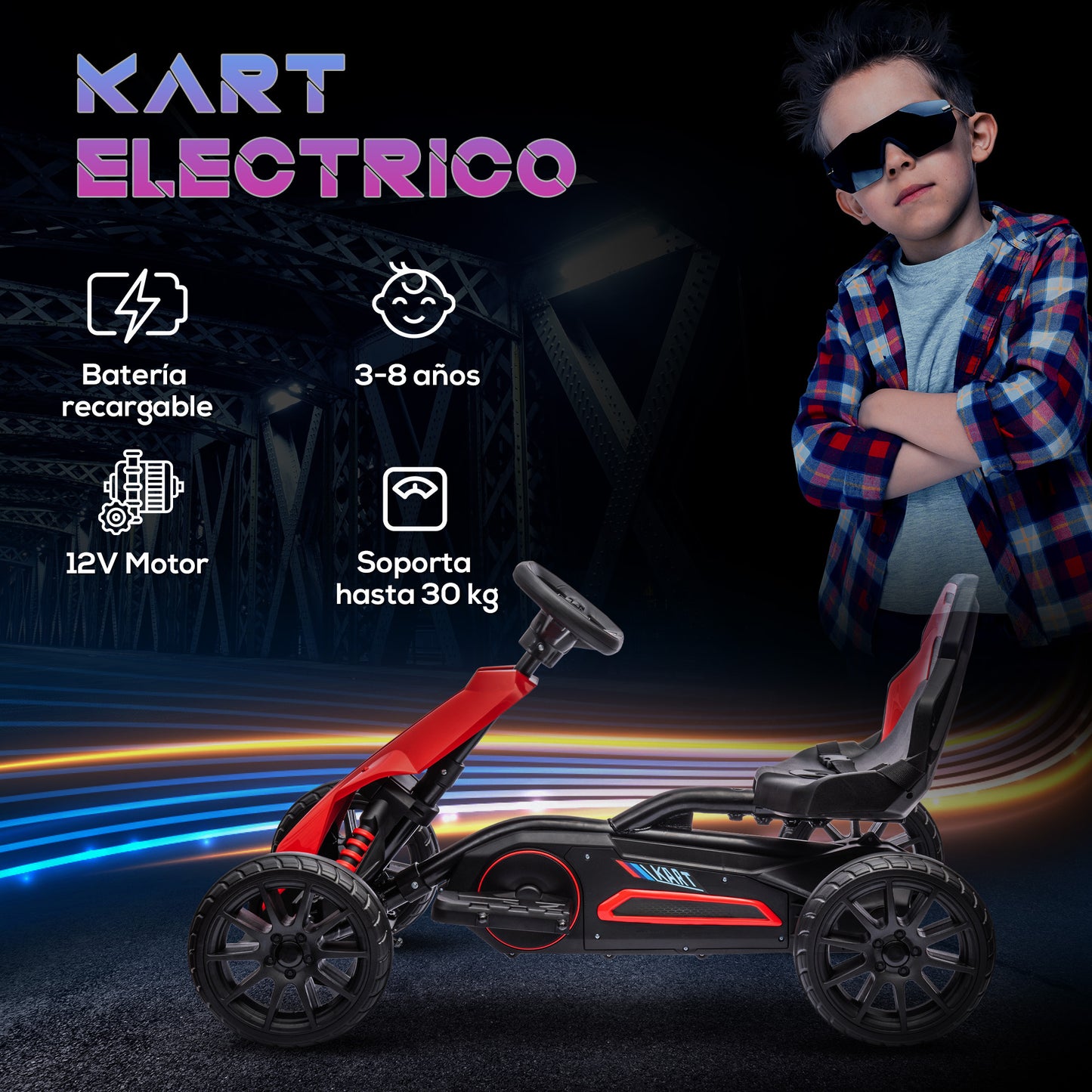 HOMCOM Go Kart Coche Eléctrico para Niños de 3 a 8 Años Kart con Batería 12V Velocidad Ajustable 3-5km/h y Cinturón de Seguridad Carga 30 kg para Exterior 100x58x58,5 cm Rojo