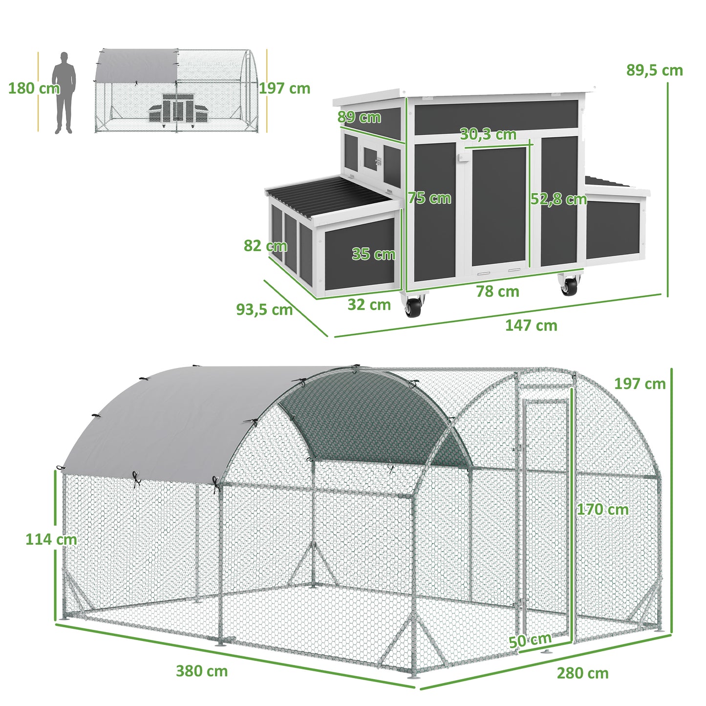 PawHut Conjunto de 1 Gallinero de Madera con Ventana Puerta Nido 147x93,5x89,5 cm y 1 Gallinero para Exterior Grande de Acero Galvanizado 280x190x197 cm