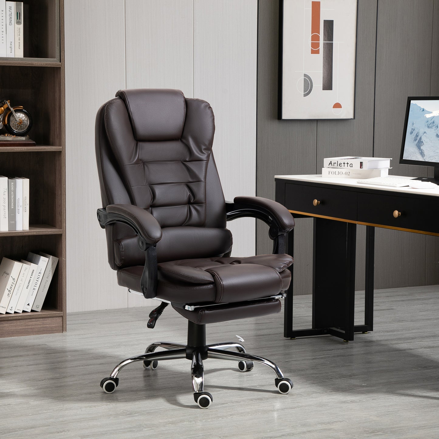 HOMCOM Silla de Oficina Reclinable Silla de Escritorio con Reposapiés Silla Ejecutiva Giratoria con Altura Ajustable Tapizada en PU y Reposabrazos para Estudio Café