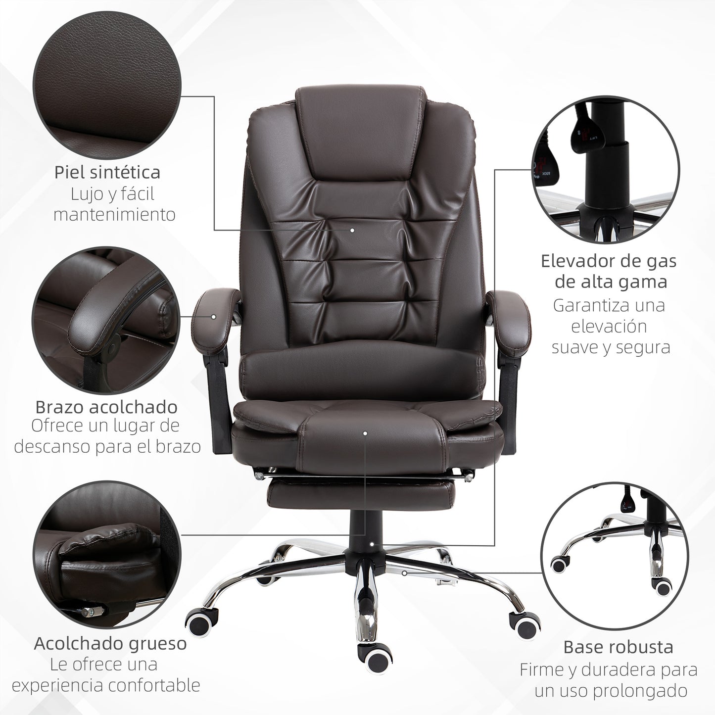 HOMCOM Silla de Oficina Reclinable Silla de Escritorio con Reposapiés Silla Ejecutiva Giratoria con Altura Ajustable Tapizada en PU y Reposabrazos para Estudio Café