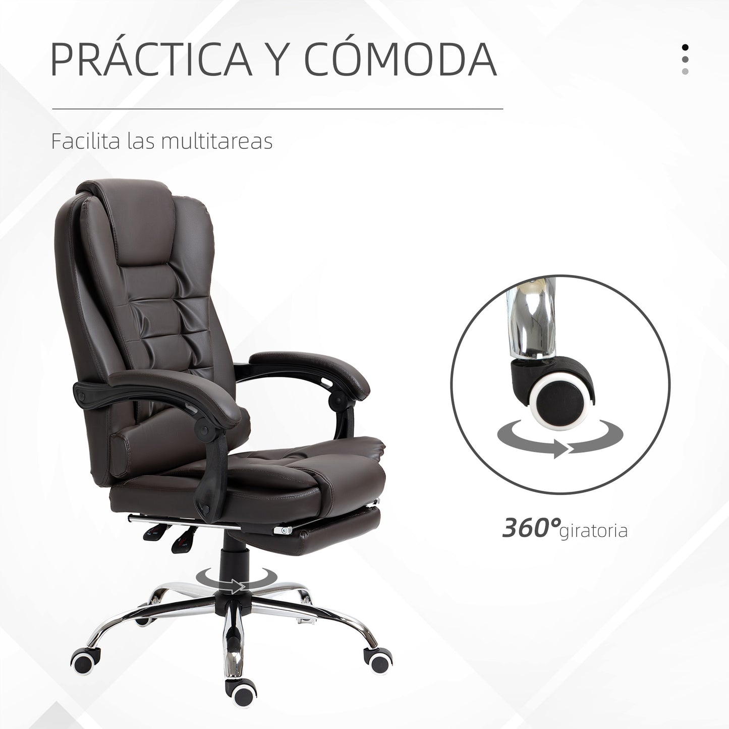 HOMCOM Silla de Oficina Reclinable Silla de Escritorio con Reposapiés Silla Ejecutiva Giratoria con Altura Ajustable Tapizada en PU y Reposabrazos para Estudio Café