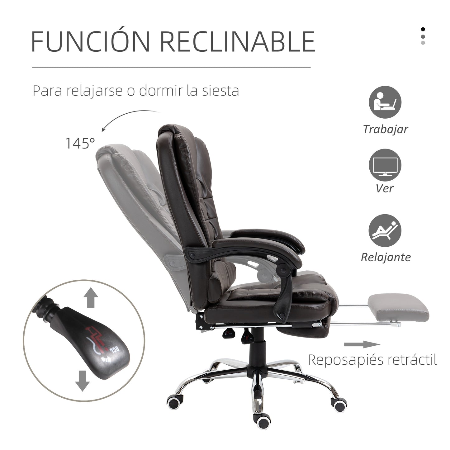 HOMCOM Silla de Oficina Reclinable Silla de Escritorio con Reposapiés Silla Ejecutiva Giratoria con Altura Ajustable Tapizada en PU y Reposabrazos para Estudio Café