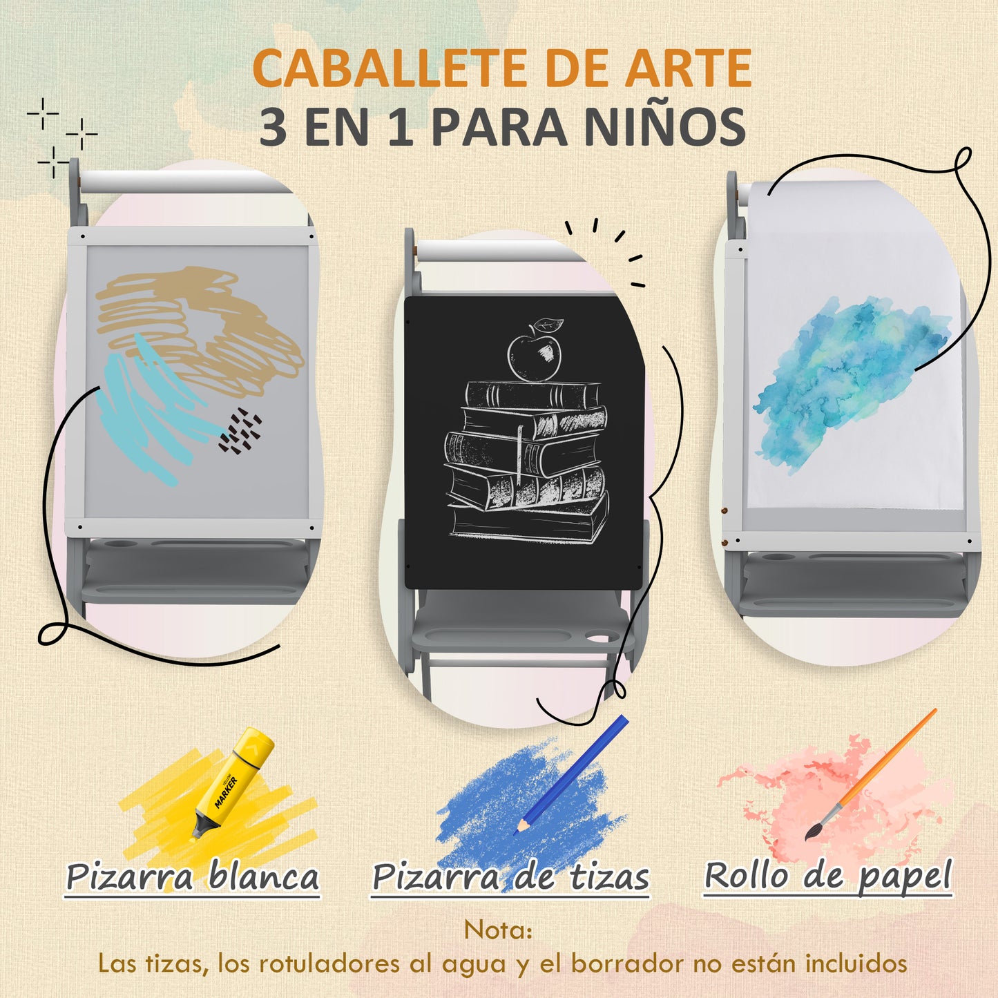 AIYAPLAY Caballete para Niños con Altura Ajustable Caballete de Pizarra Blanca y Pizarra de Doble Cara Caballete de Arte de Dibujo 3 en 1 con Rollo de Papel 40x56x107/112/117 cm Gris