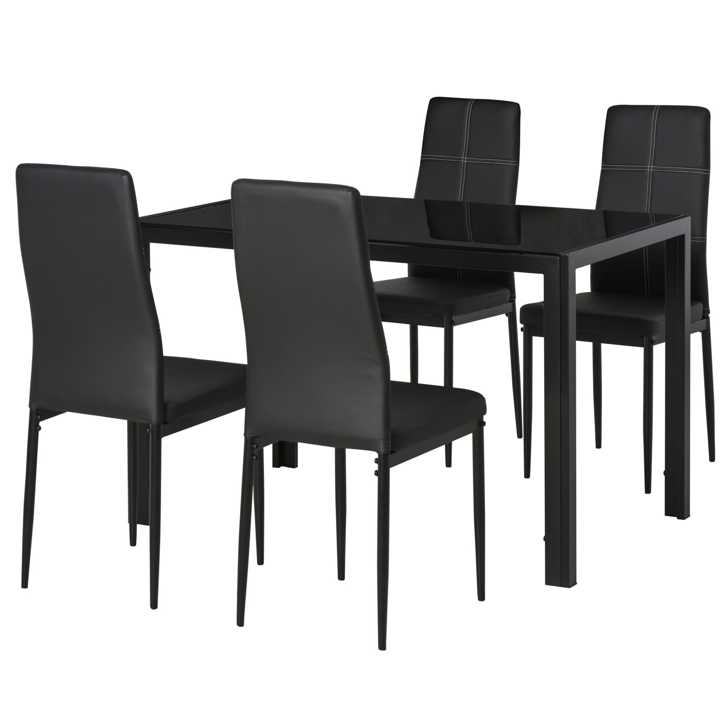 HOMCOM Conjunto de Comedor de Mesa y 4 Sillas 5 Piezas Juego de Muebles de Cocina Mesa Rectangular de Vidrio Templado y Sillas Tapizadas en PU con Patas de Metal Negro