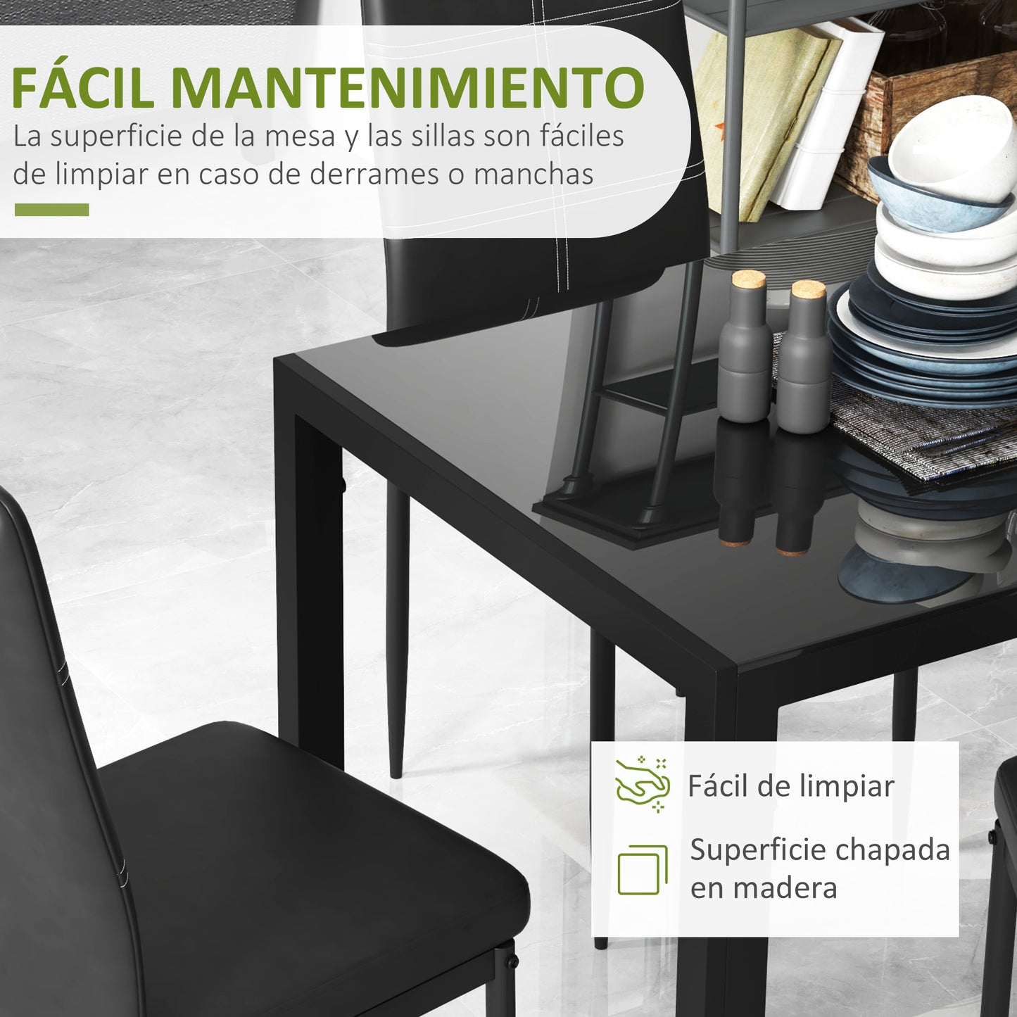 HOMCOM Conjunto de Comedor de Mesa y 4 Sillas 5 Piezas Juego de Muebles de Cocina Mesa Rectangular de Vidrio Templado y Sillas Tapizadas en PU con Patas de Metal Negro