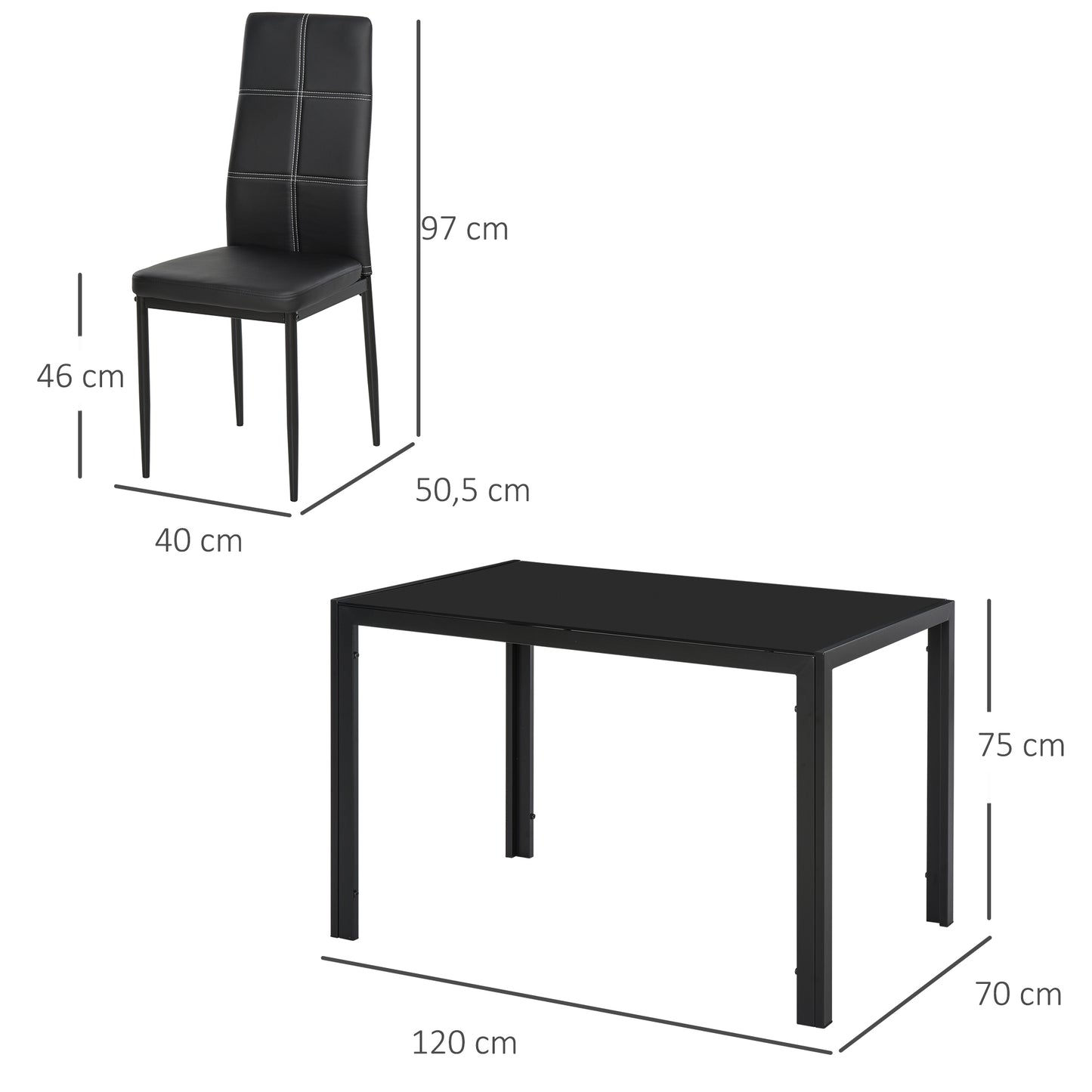 HOMCOM Conjunto de Comedor de Mesa y 4 Sillas 5 Piezas Juego de Muebles de Cocina Mesa Rectangular de Vidrio Templado y Sillas Tapizadas en PU con Patas de Metal Negro