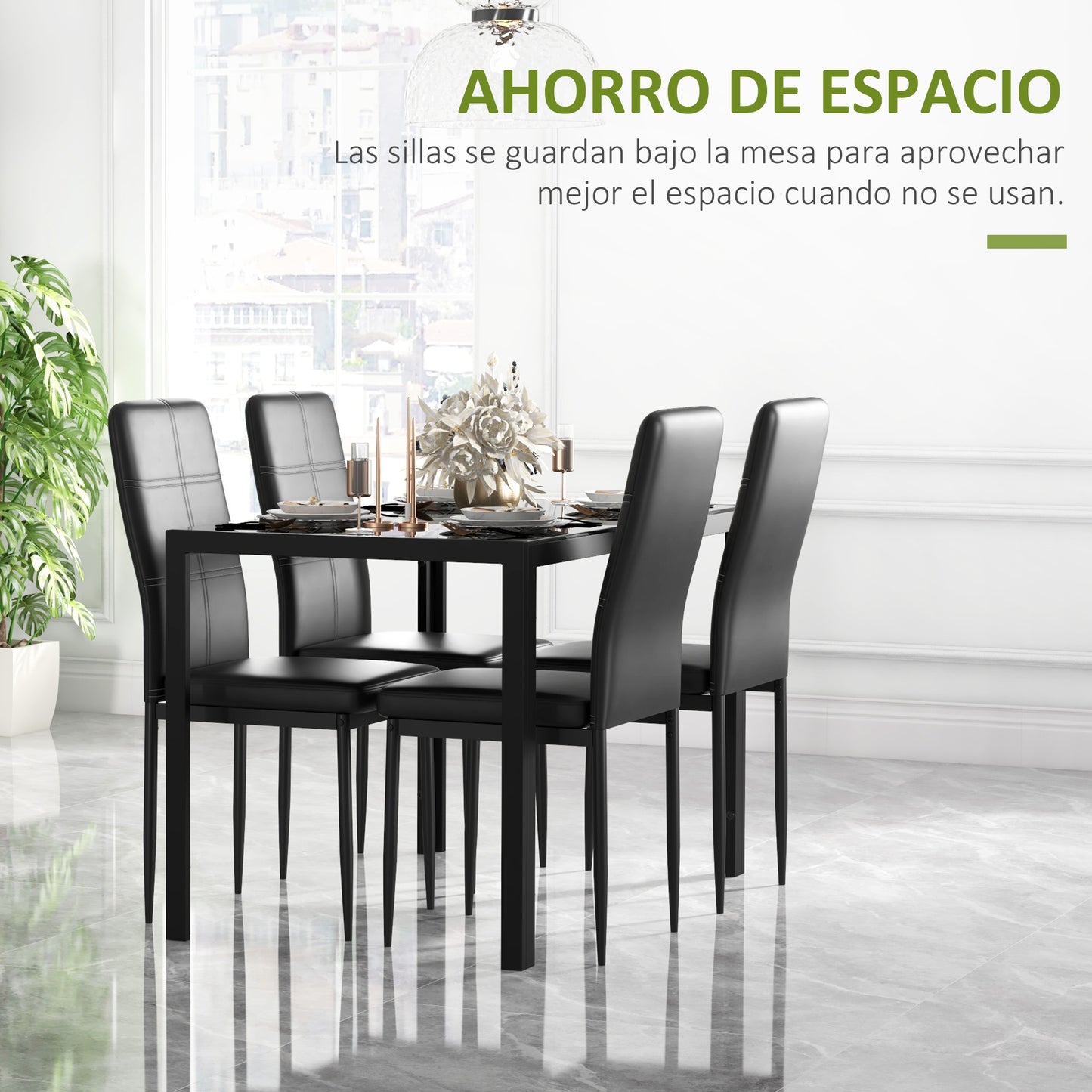 HOMCOM Conjunto de Comedor de Mesa y 4 Sillas 5 Piezas Juego de Muebles de Cocina Mesa Rectangular de Vidrio Templado y Sillas Tapizadas en PU con Patas de Metal Negro