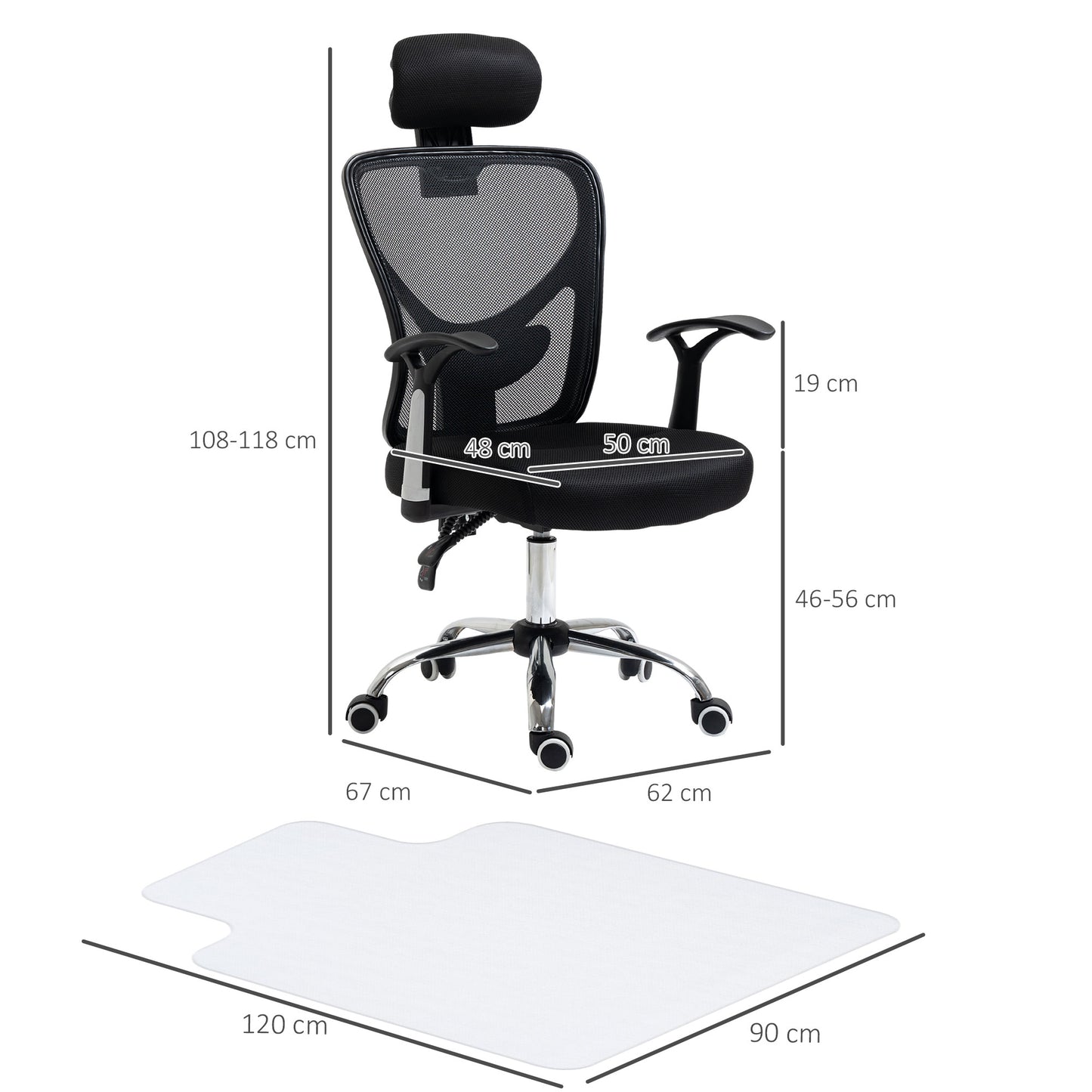 HOMCOM Conjunto de Oficina Incluye 1 Silla de Oficina Reclinable con Altura Ajustable 62x67x108-118 cm y 1 Alfombra Protectora de Suelo 90x120 cm Negro y Transparente