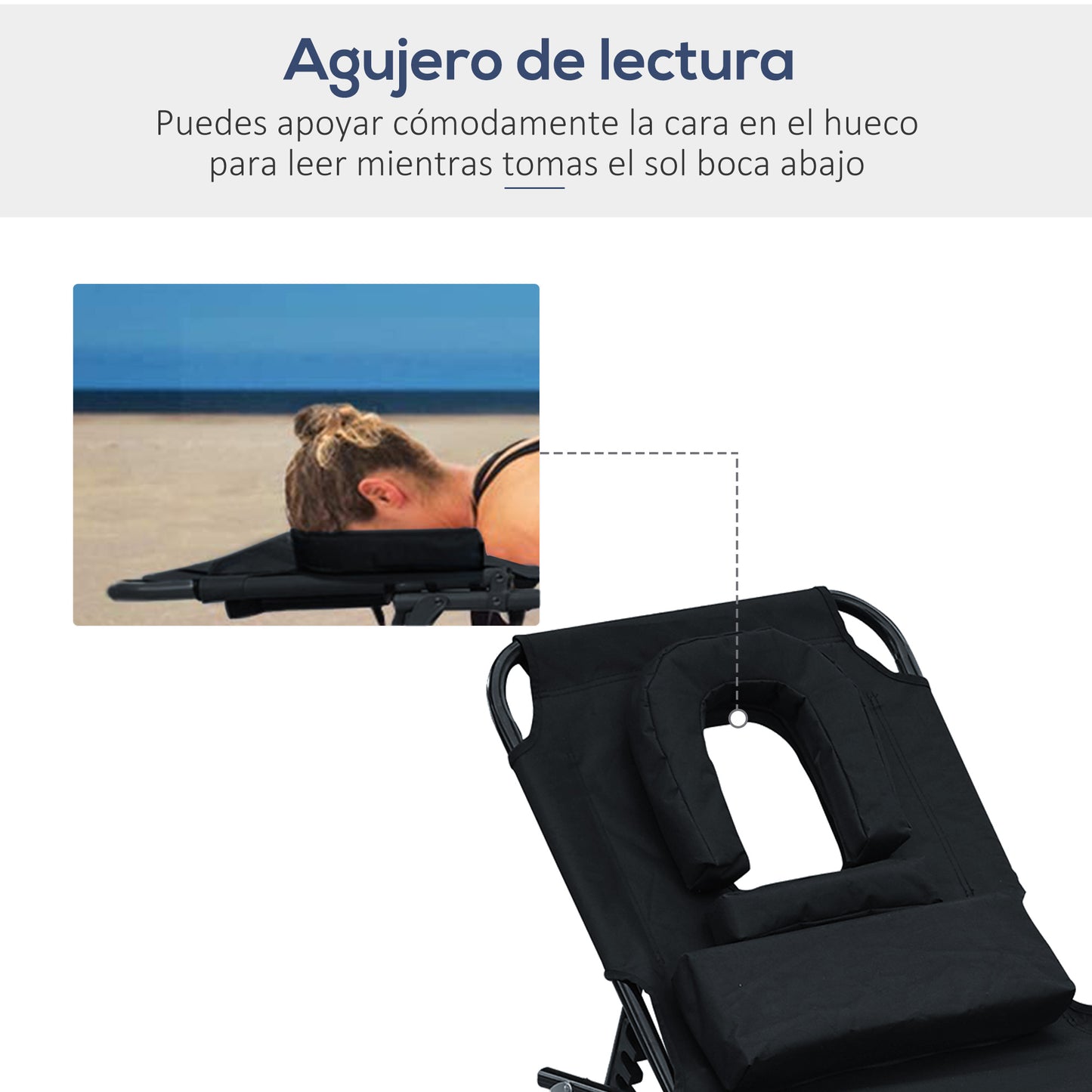 Outsunny Tumbona Plegable Tumbona de Jardín con Respaldo Ajustable en 4 Niveles Almohada Orificio de Lectura y Marco de Acero para Camping Playa Terraza 190x56x28 cm Negro