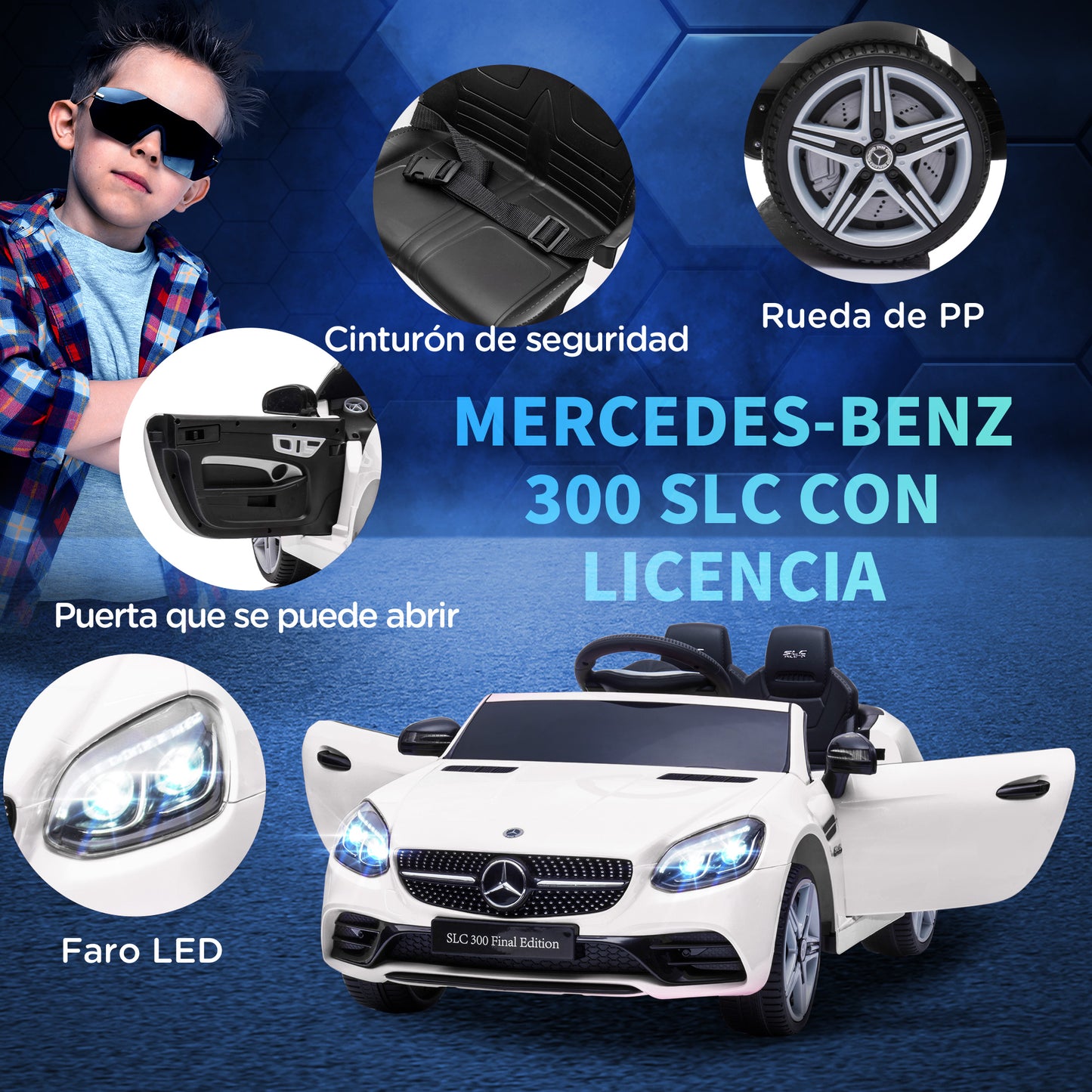 AIYAPLAY Coche Eléctrico Mercedes SLC 300 12V para Niños de 3-6 Años con Mando a Distancia Faros LED Bocina Música TF USB y Apertura de Puerta 3-5 km/h 107x62,5x44 cm Blanco