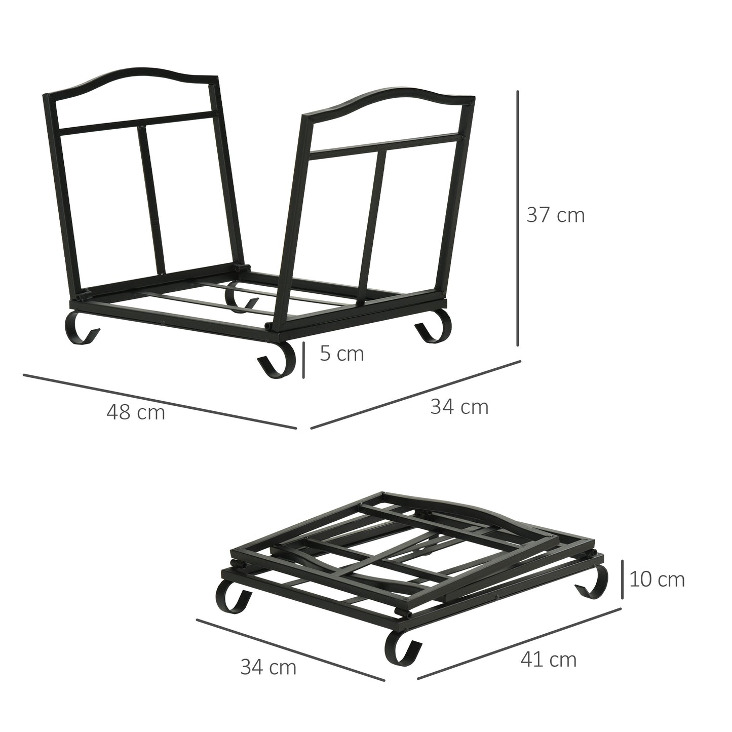 Outsunny Estante de Leña para Chimenea Plegable 48x34x37 cm Soporte para Leña Interior y Exterior Metálico con Rejilla y Base Elevada Carga Máx. 50 kg Negro