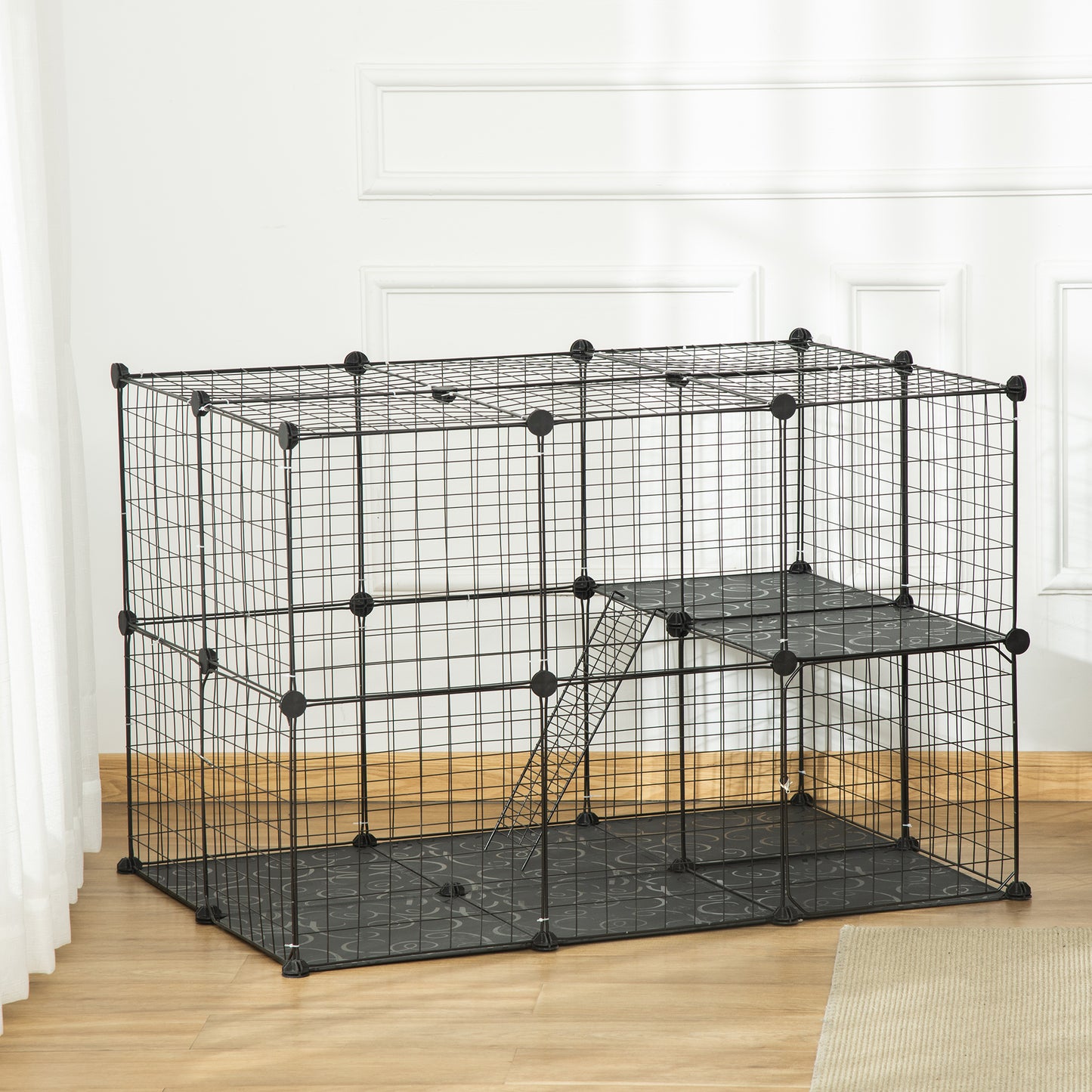 PawHut Jaula para Animales Pequeños de 3 Niveles Parque para Mascotas con 39 Paneles 35x35 cm Rampas y Forma Personalizable para Cobayas Conejos Chinchillas 70x70x105 cm Negro