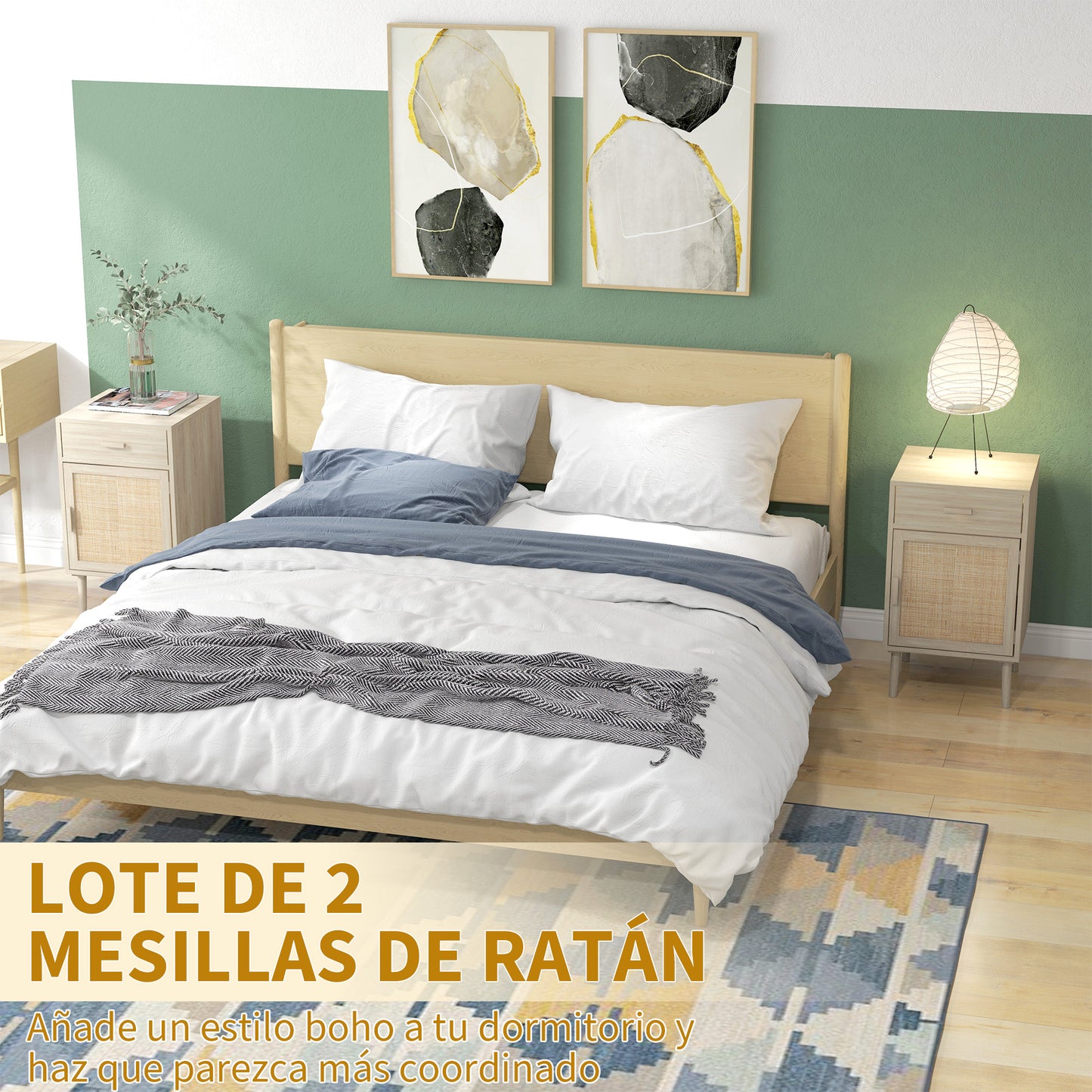 HOMCOM Juego de 2 Mesitas de Noche Mesillas de Noche Mesitas Auxiliares con Cajón de Ratán y Estante Ajustable para Dormitorio Salón 40x40x68,5 cm Roble