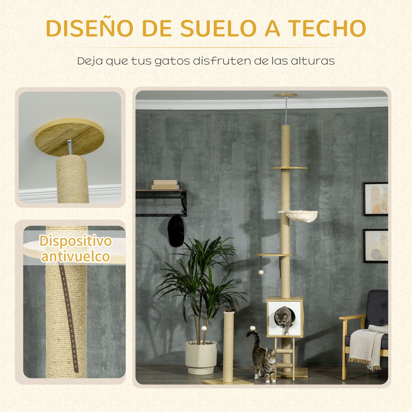 PawHut Árbol para Gatos del Suelo al Techo 225-285 cm Árbol Pequeño para Gatos con Altura Ajustable Plataformas Hamaca Caseta Poste de Yute Rampa y Bolas para Jugar 40x40x225-285 cm Beige