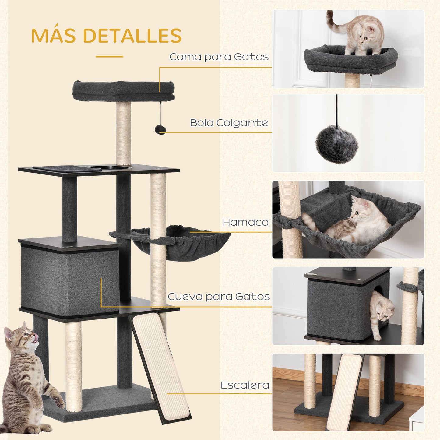 PawHut Árbol para Gatos Grande Altura 146 cm con Plataformas Cueva de Fieltro Extraíble Postes Rascadores de Sisal Hamaca Cojines Lavables Rampa y Bola de Juguete 60x40x146 cm Gris