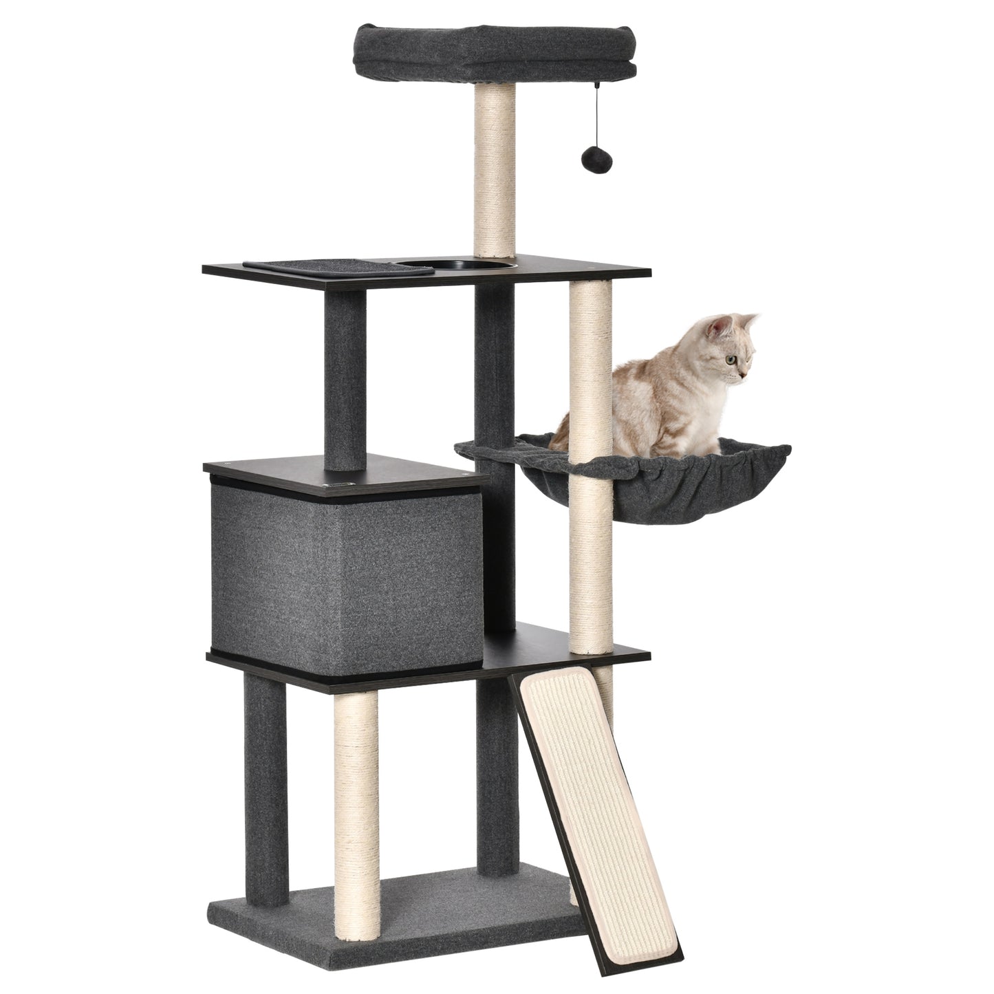 PawHut Árbol para Gatos Grande Altura 146 cm con Plataformas Cueva de Fieltro Extraíble Postes Rascadores de Sisal Hamaca Cojines Lavables Rampa y Bola de Juguete 60x40x146 cm Gris