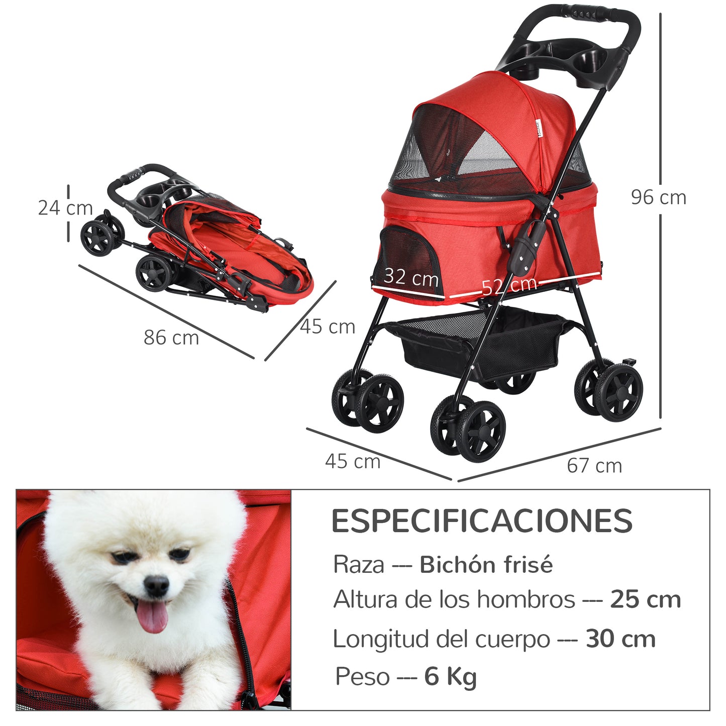 PawHut Cochecito para Perros Plegable Carrito para Perros Pequeños con Ruedas Universales Cesta de Almacenaje Correas de Seguridad y Ventanas 67x45x96 cm Rojo