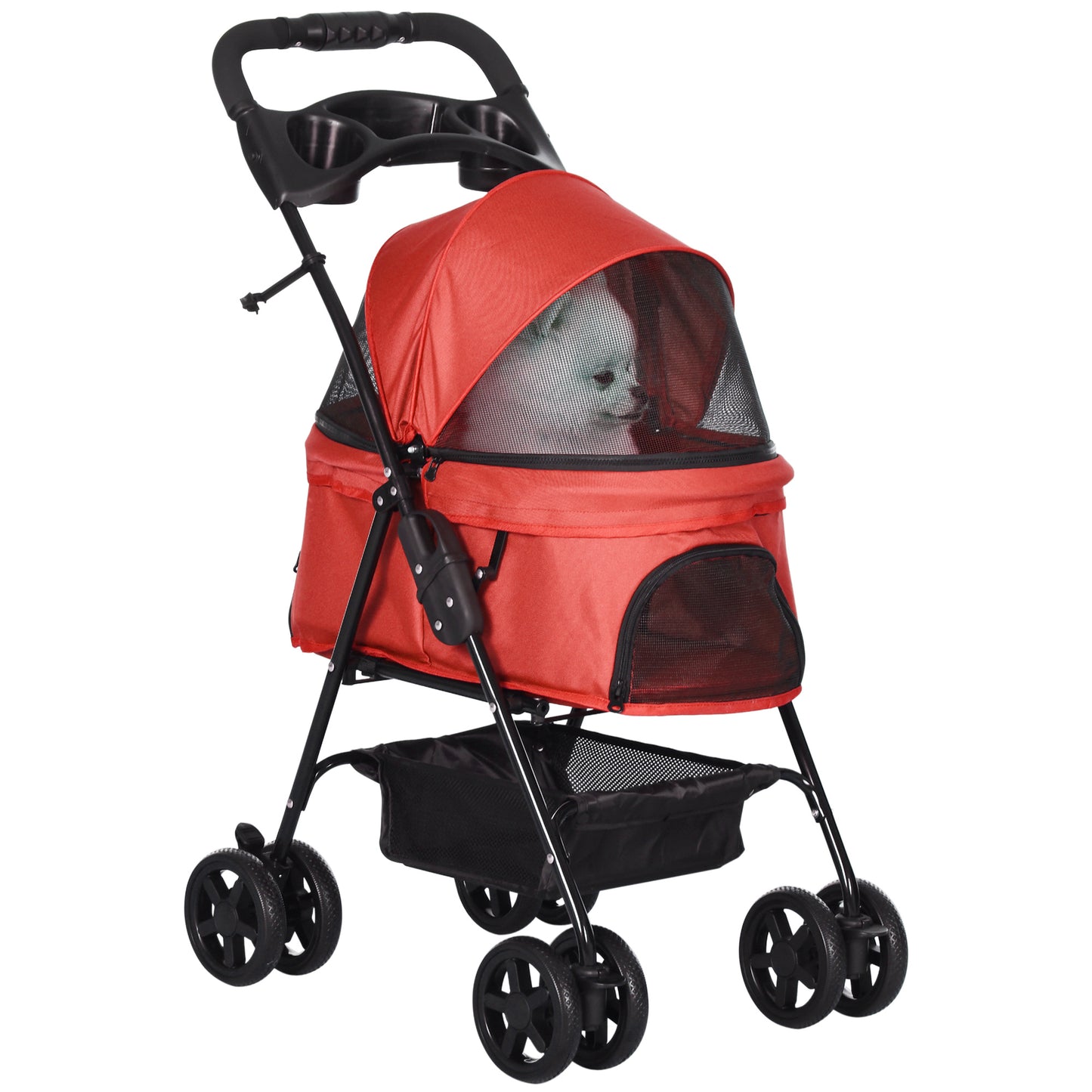 PawHut Cochecito para Perros Plegable Carrito para Perros Pequeños con Ruedas Universales Cesta de Almacenaje Correas de Seguridad y Ventanas 67x45x96 cm Rojo