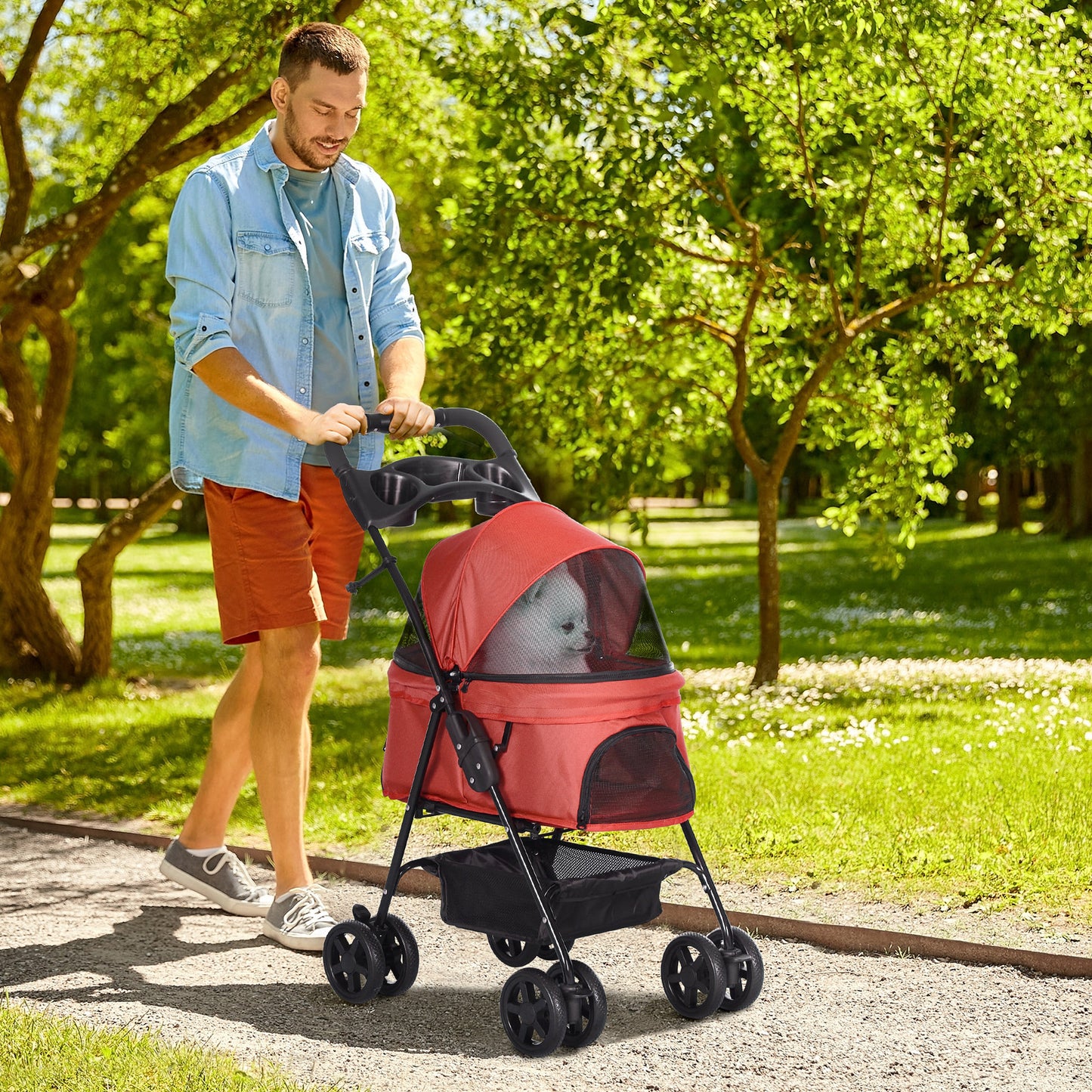 PawHut Cochecito para Perros Plegable Carrito para Perros Pequeños con Ruedas Universales Cesta de Almacenaje Correas de Seguridad y Ventanas 67x45x96 cm Rojo