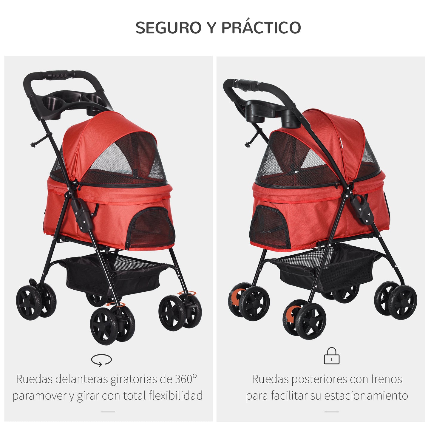 PawHut Cochecito para Perros Plegable Carrito para Perros Pequeños con Ruedas Universales Cesta de Almacenaje Correas de Seguridad y Ventanas 67x45x96 cm Rojo