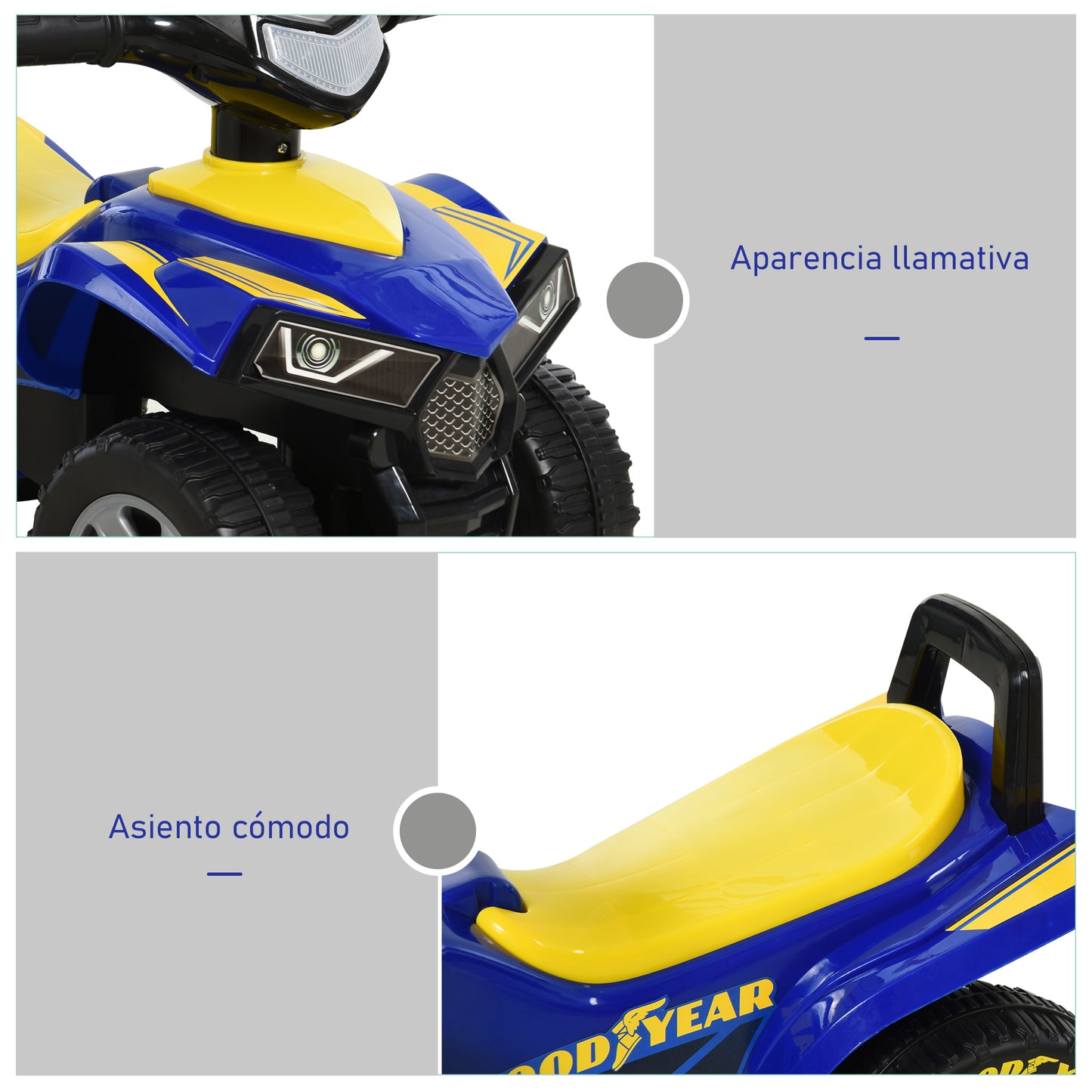 HOMCOM Quad Correpasillos para Niños 18-36 Meses Coche Cuatrimoto con Funciones de Luces Bocina y Espacio Secreto de Almacenaje 60x31x42 cm Azul