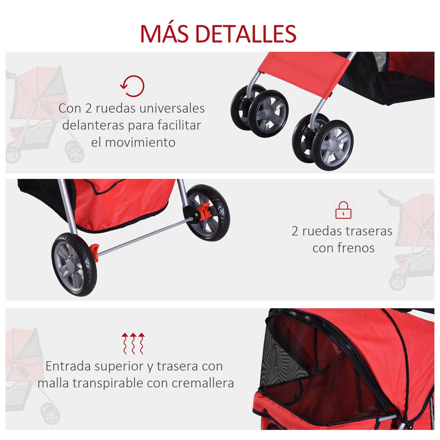 PawHut Carrito para Perros Plegable Cochecito para Mascotas Carrito para Perros Pequeños con Toldo Ajustable Cesta de Almacenaje Ventanas de Malla Portavasos y 2 Ruedas Universales 75x45x97 cm Rojo