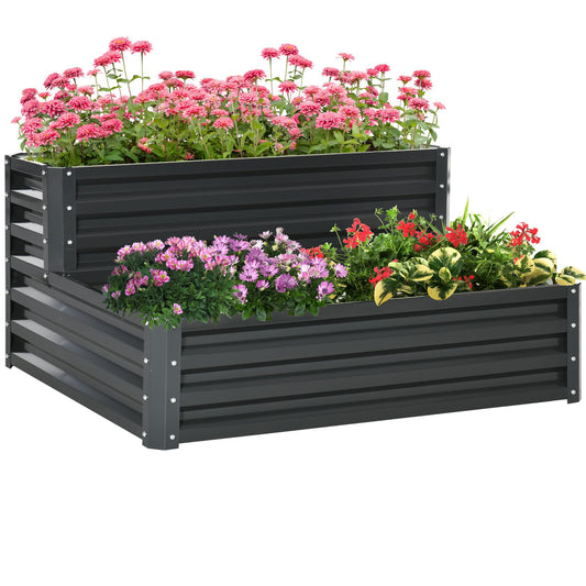 Outsunny Huerto Urbano de 2 Niveles Jardinera Exterior de Acero con Diseño de Escalera para Cultivos Plantas Medicina Herbaria Flores para Terraza Jardín 120x101x58 cm Gris Oscuro