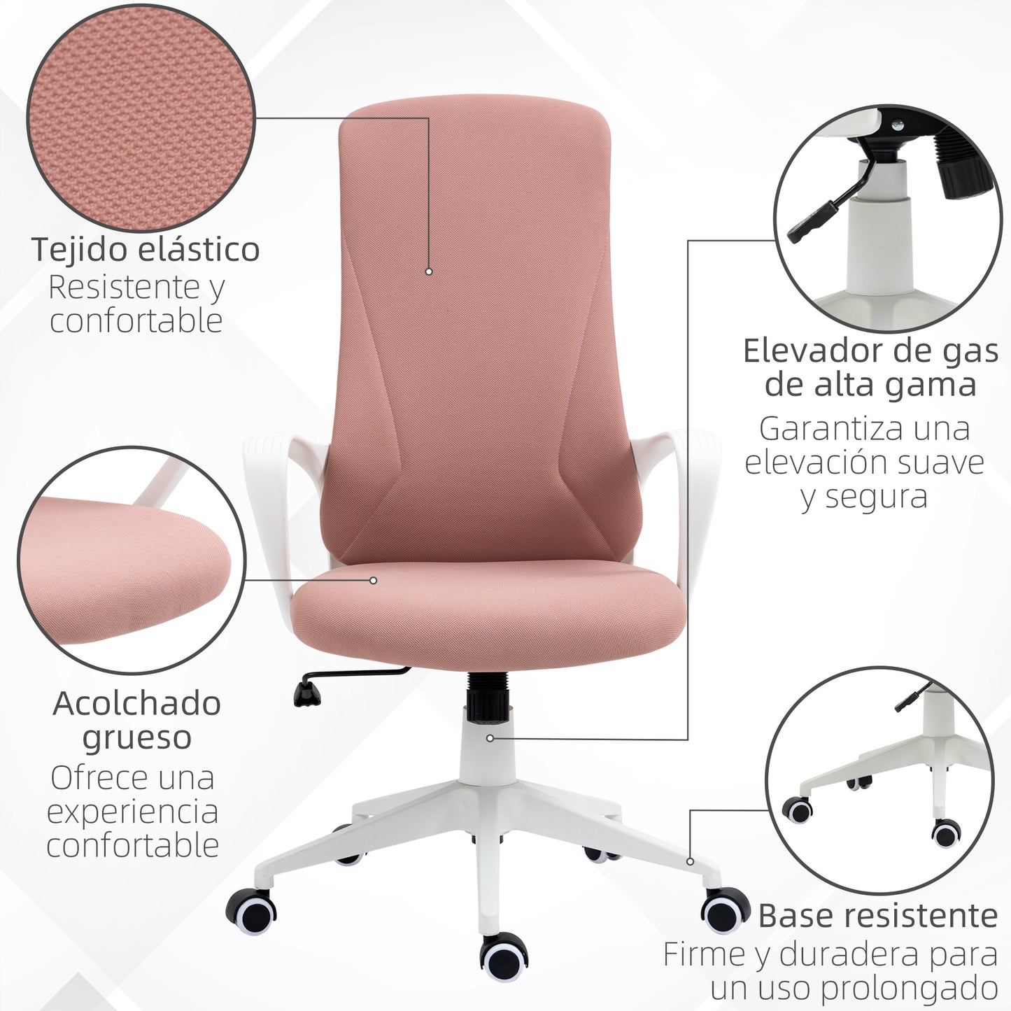 Vinsetto Silla de Oficina Giratoria Altura Ajustable Silla de Escritorio para Adolescente con Reposabrazos Función de Basculante y Respaldo Alto para Salón Dormitorio 62x56x110-119,5 cm Rosa