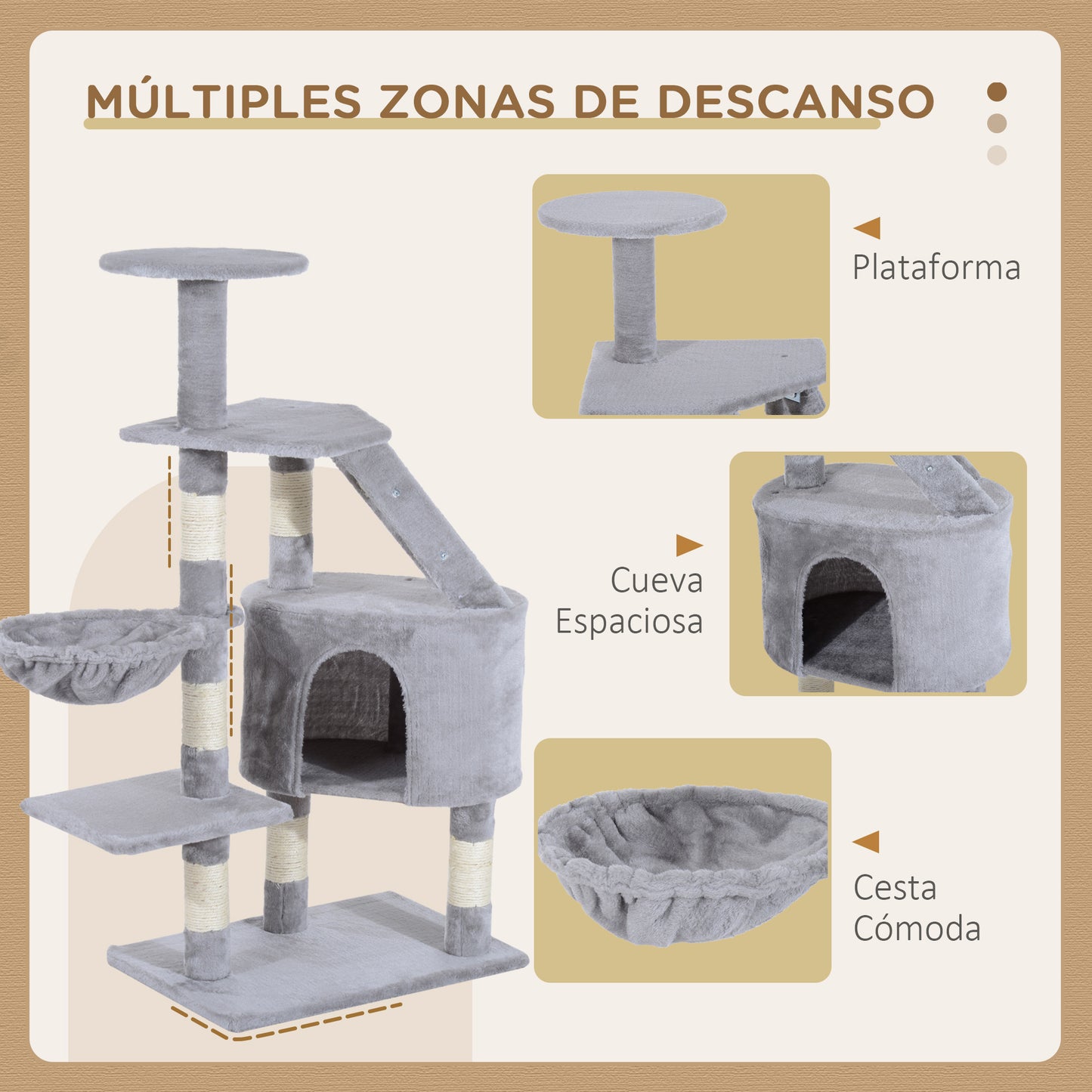 PawHut Rascador Árbol para Gatos Grande 55x40x125 cm Torre para Gatos con Postes Escalera Cueva Espaciosa Hamaca y Varias Plataformas Gris