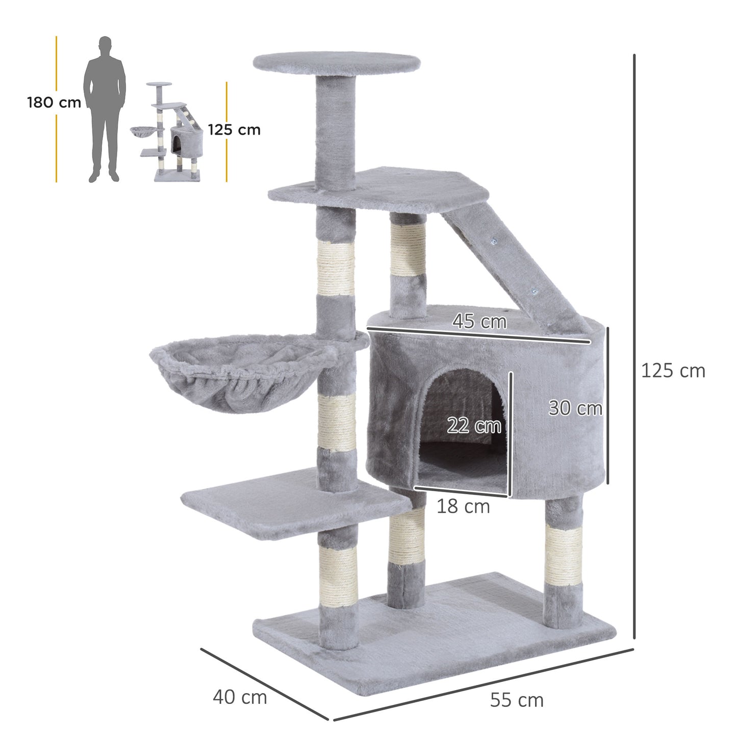 PawHut Rascador Árbol para Gatos Grande 55x40x125 cm Torre para Gatos con Postes Escalera Cueva Espaciosa Hamaca y Varias Plataformas Gris