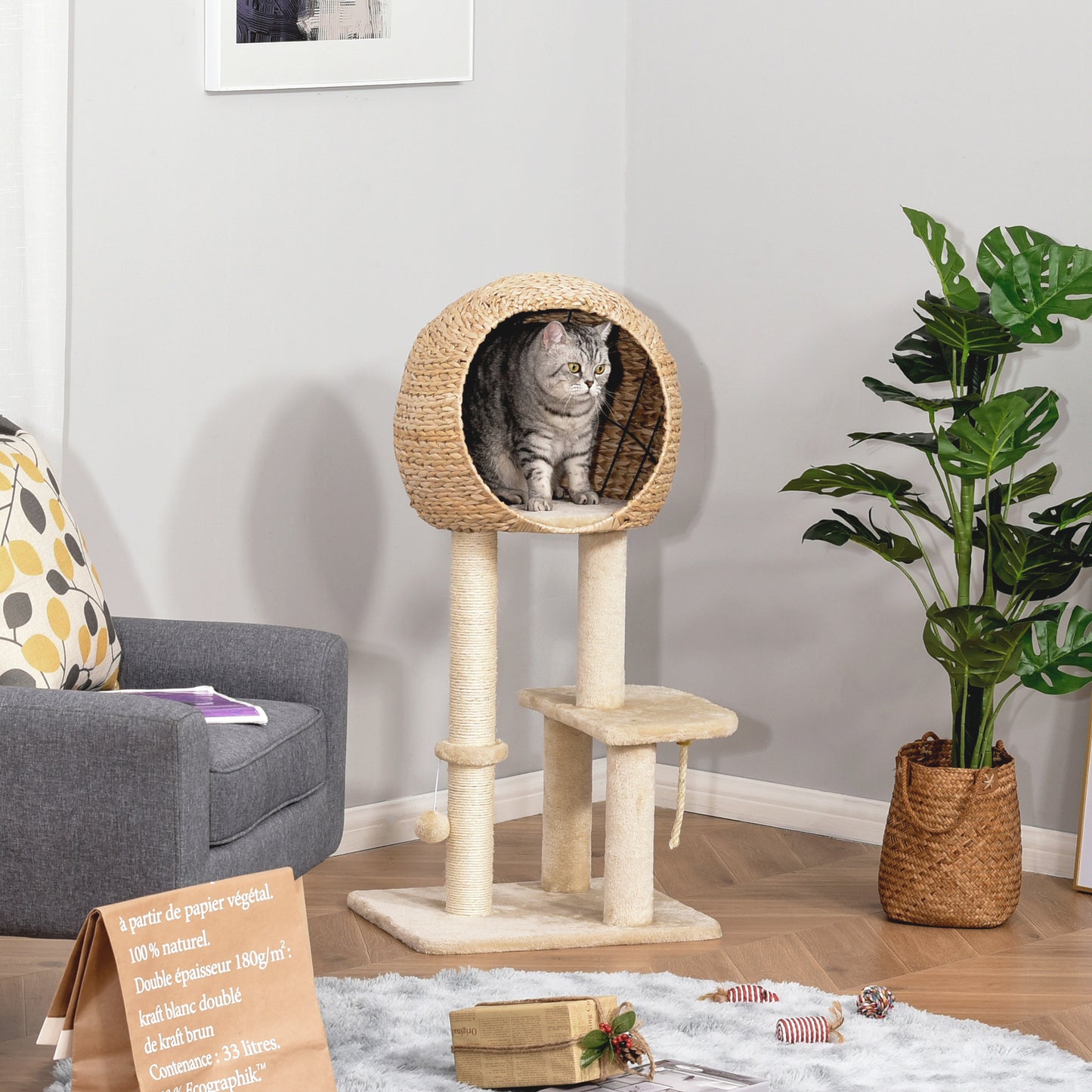 PawHut Árbol Rascador para Gatos 48x40x100 cm Torre de Escalada con Plataformas Caseta de Totora Bola y Cuerda de Juego Poste de Sisal Beige