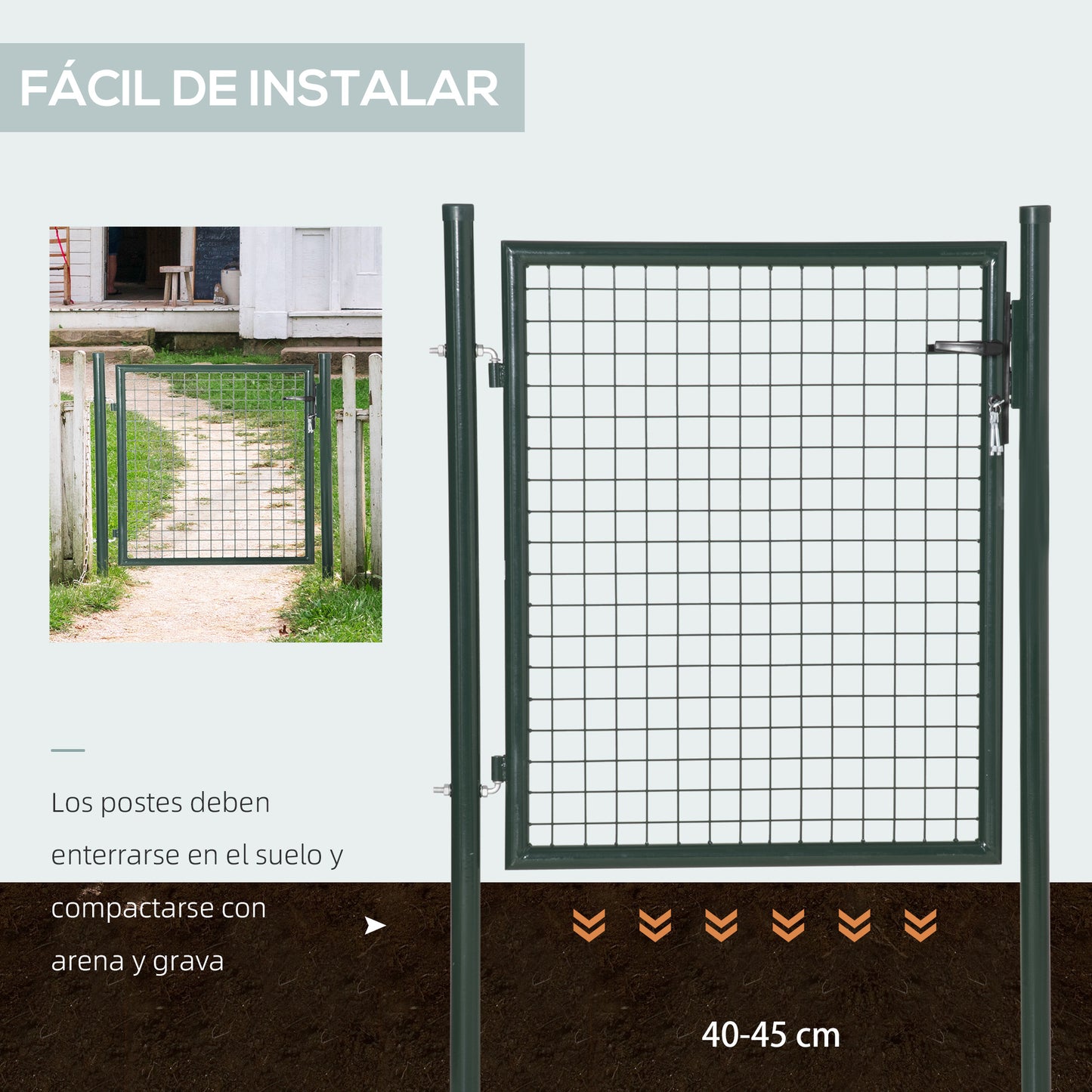 HOMCOM Puerta Verja de Jardín de Acero con Cerradura Manija y 3 Llaves Puerta de Valla Cerca para Exterior Patio Terraza 97x150 cm Verde