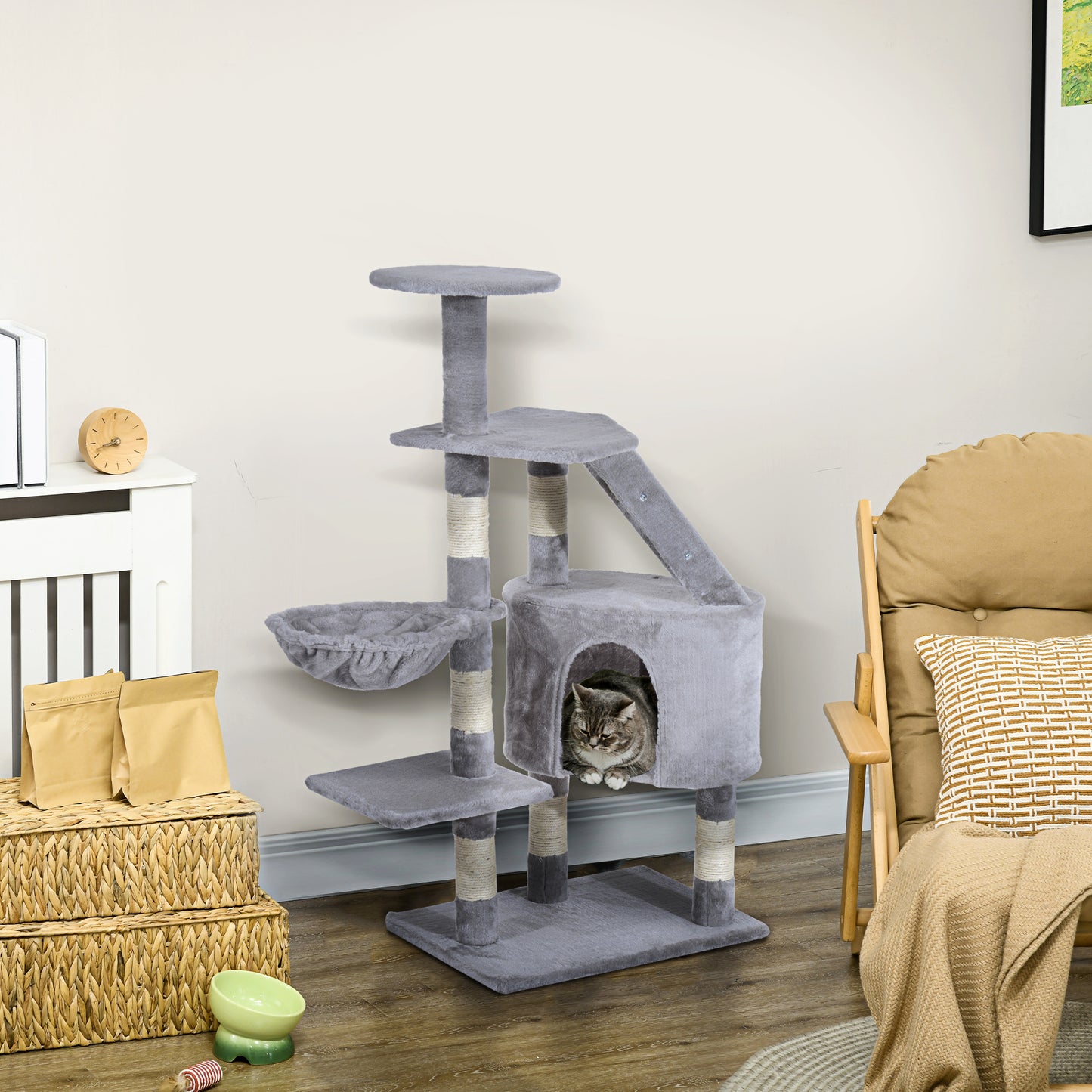 PawHut Rascador Árbol para Gatos Grande 55x40x125 cm Torre para Gatos con Postes Escalera Cueva Espaciosa Hamaca y Varias Plataformas Gris